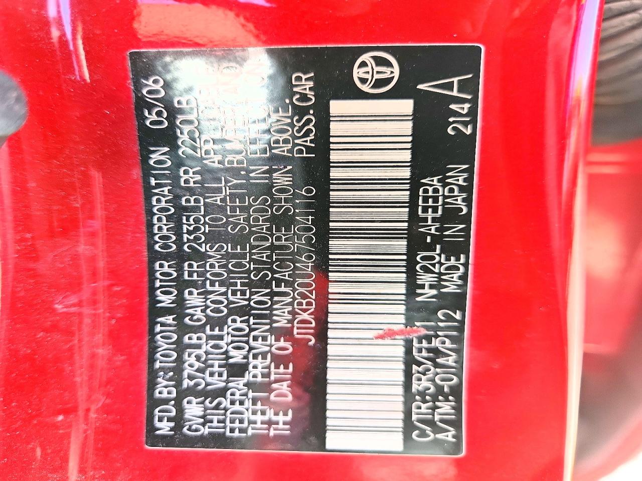 2006 Toyota Prius Base Red vin: JTDKB20U467504116
