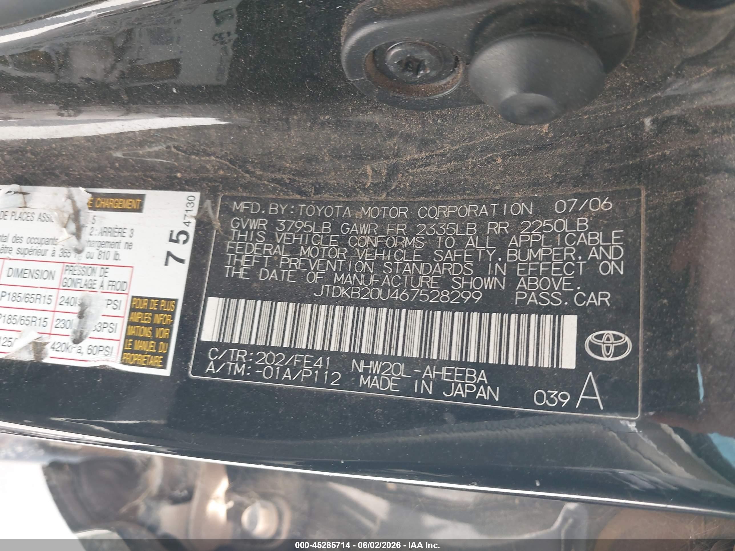2006 Toyota Prius   Black vin: JTDKB20U467528299