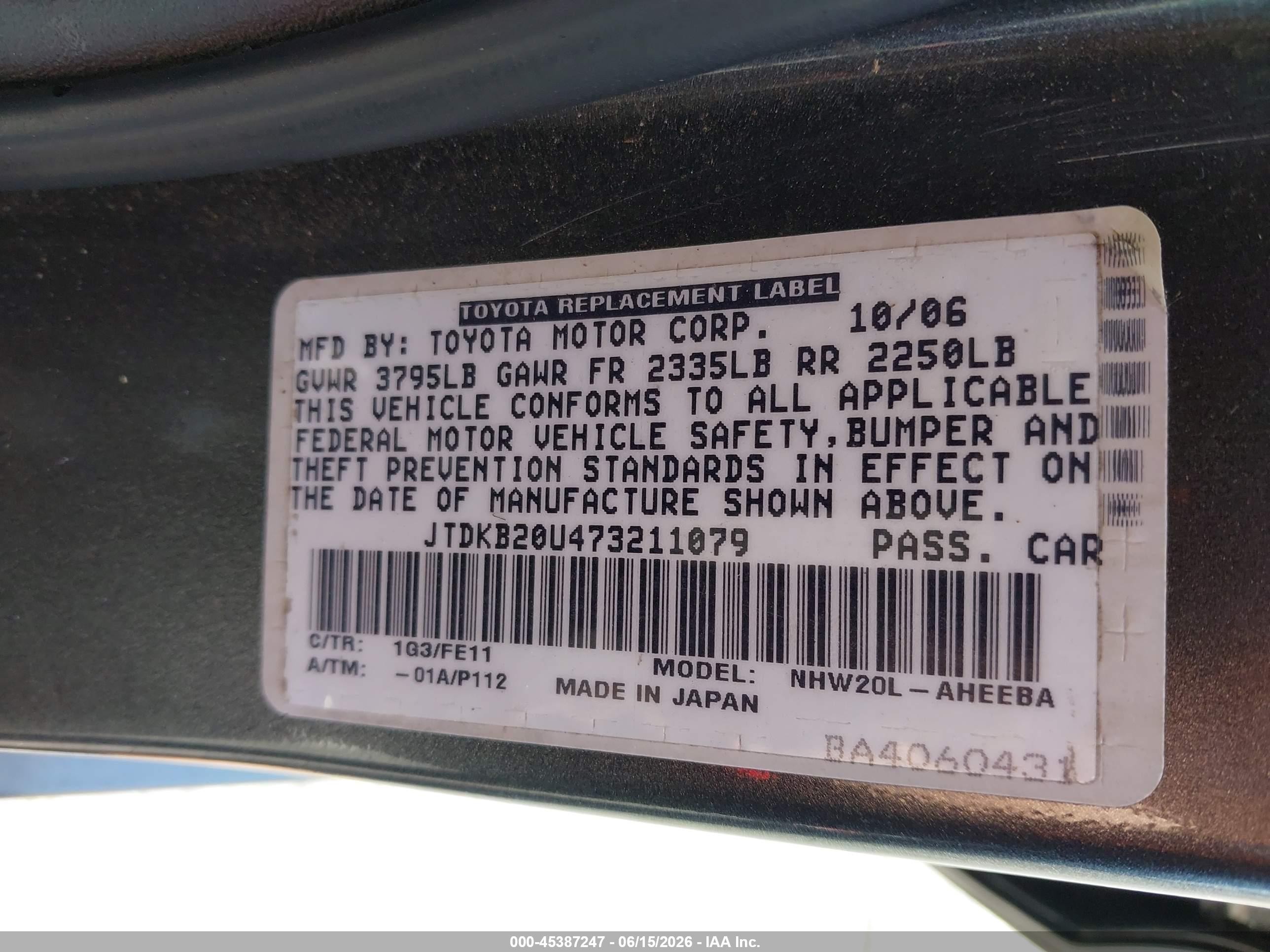 2007 Toyota Prius   Gray vin: JTDKB20U473211079