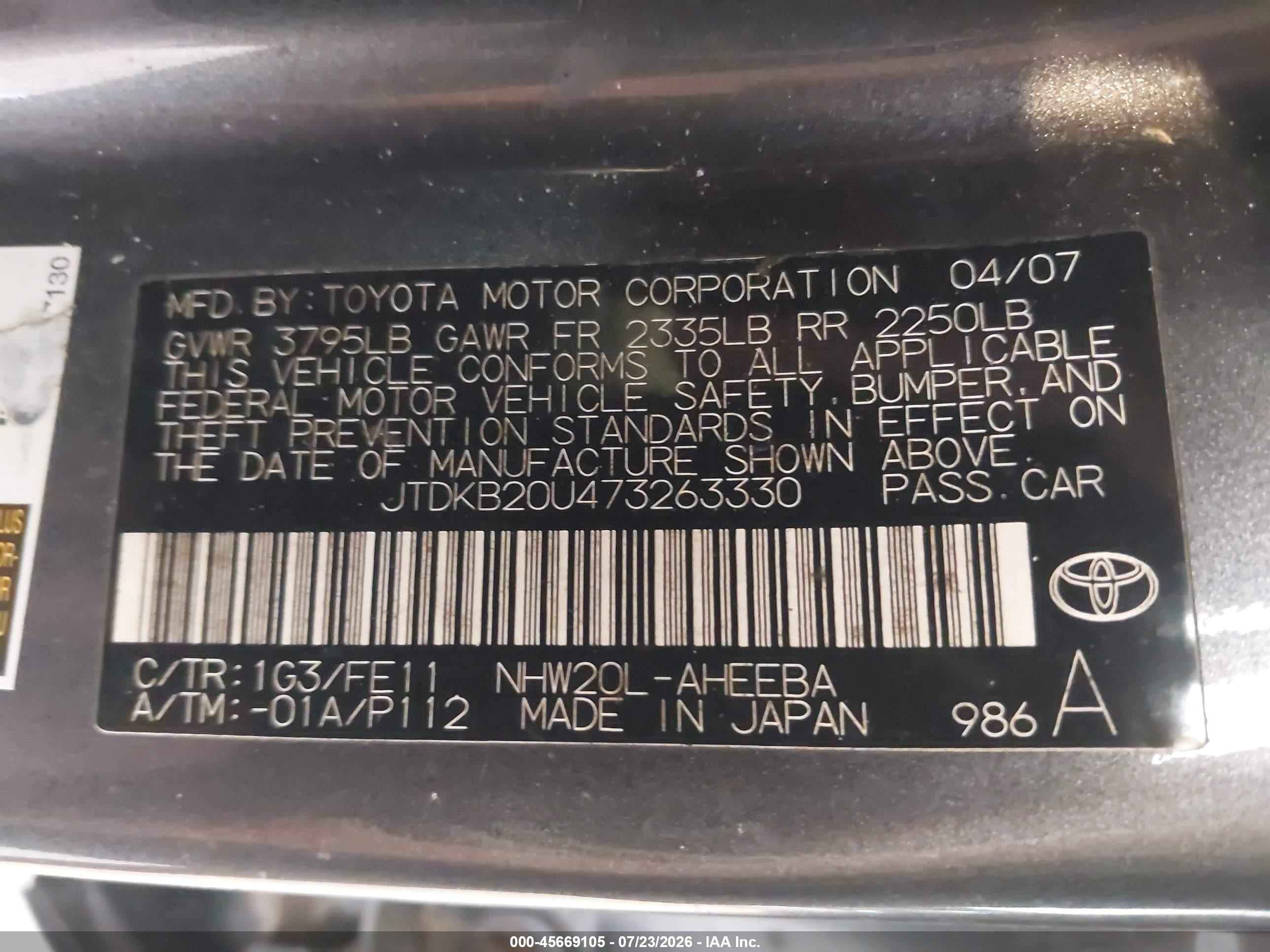 2007 Toyota Prius   Gray vin: JTDKB20U473263330