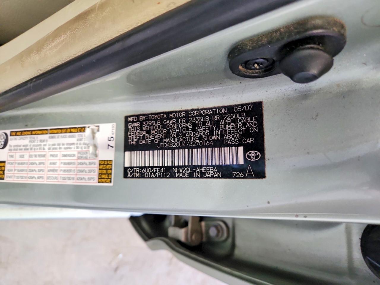 2007 Toyota Prius Base Green vin: JTDKB20U473270164