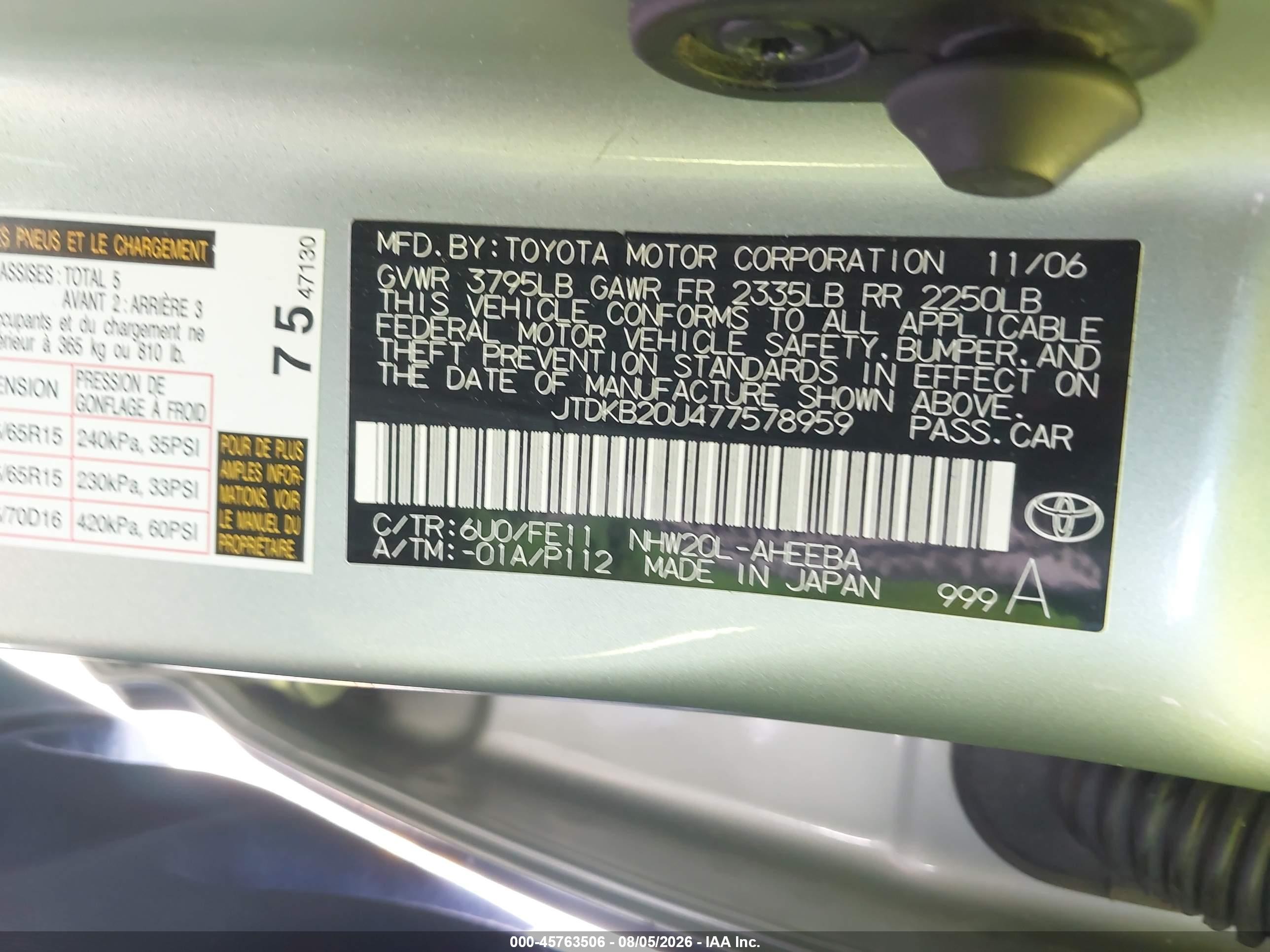 2007 Toyota Prius   Green vin: JTDKB20U477578959