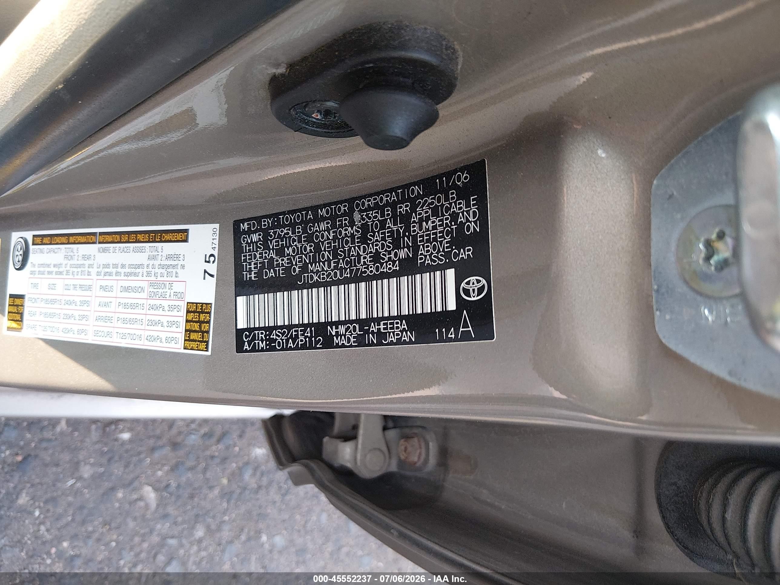 2007 Toyota Prius   Gold vin: JTDKB20U477580484