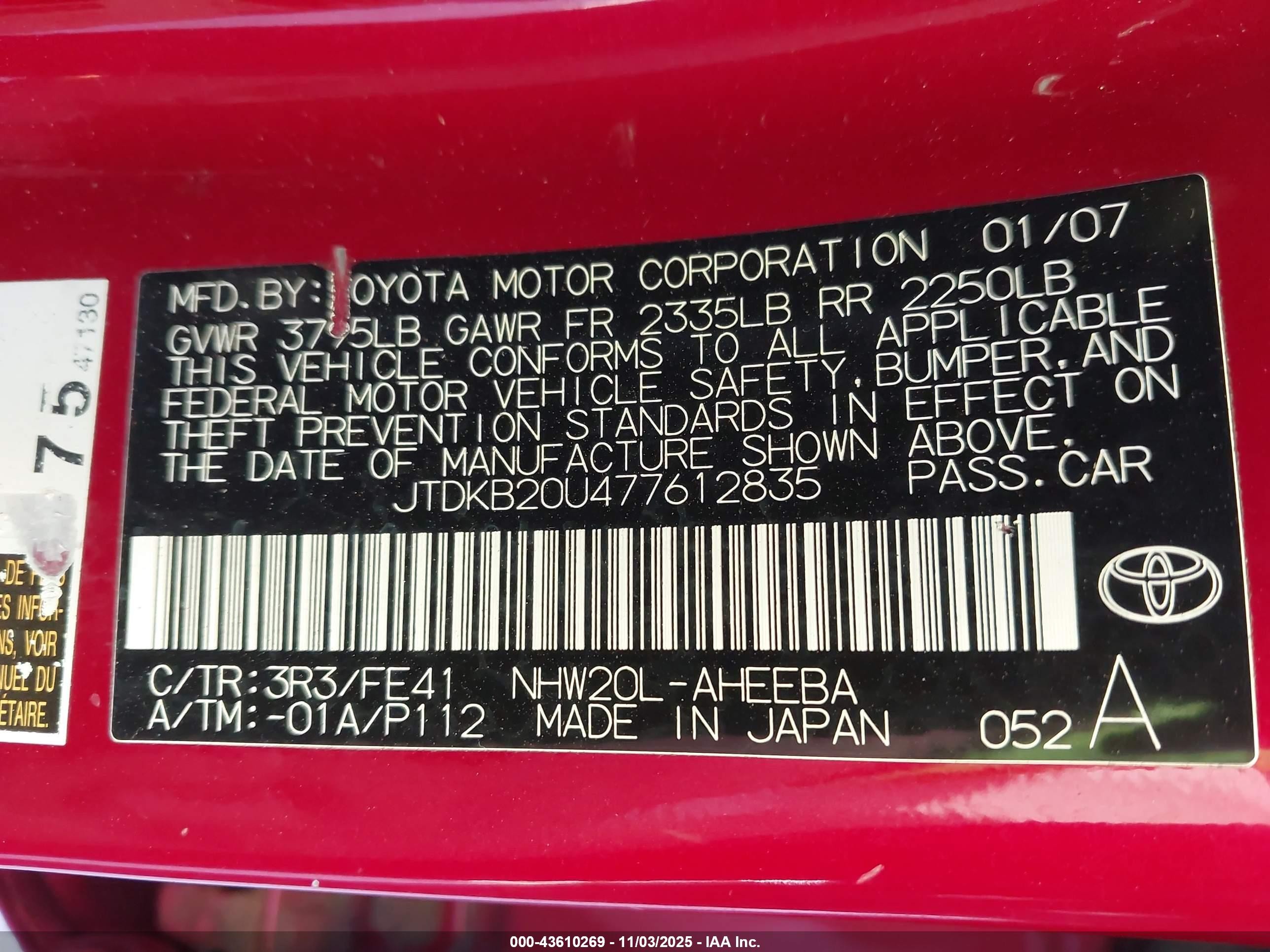 2007 Toyota Prius   Красный vin: JTDKB20U477612835