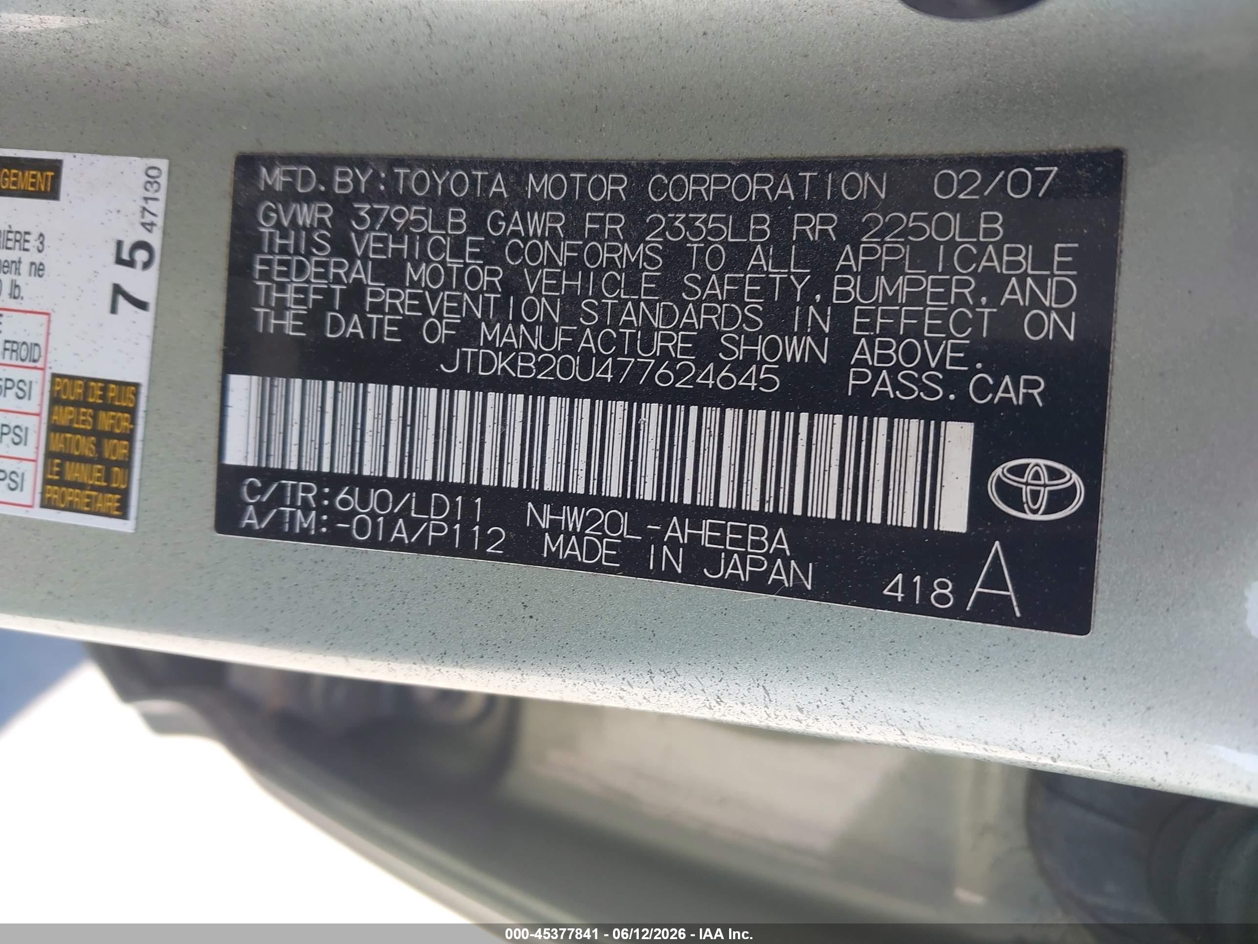 2007 Toyota Prius   Green vin: JTDKB20U477624645
