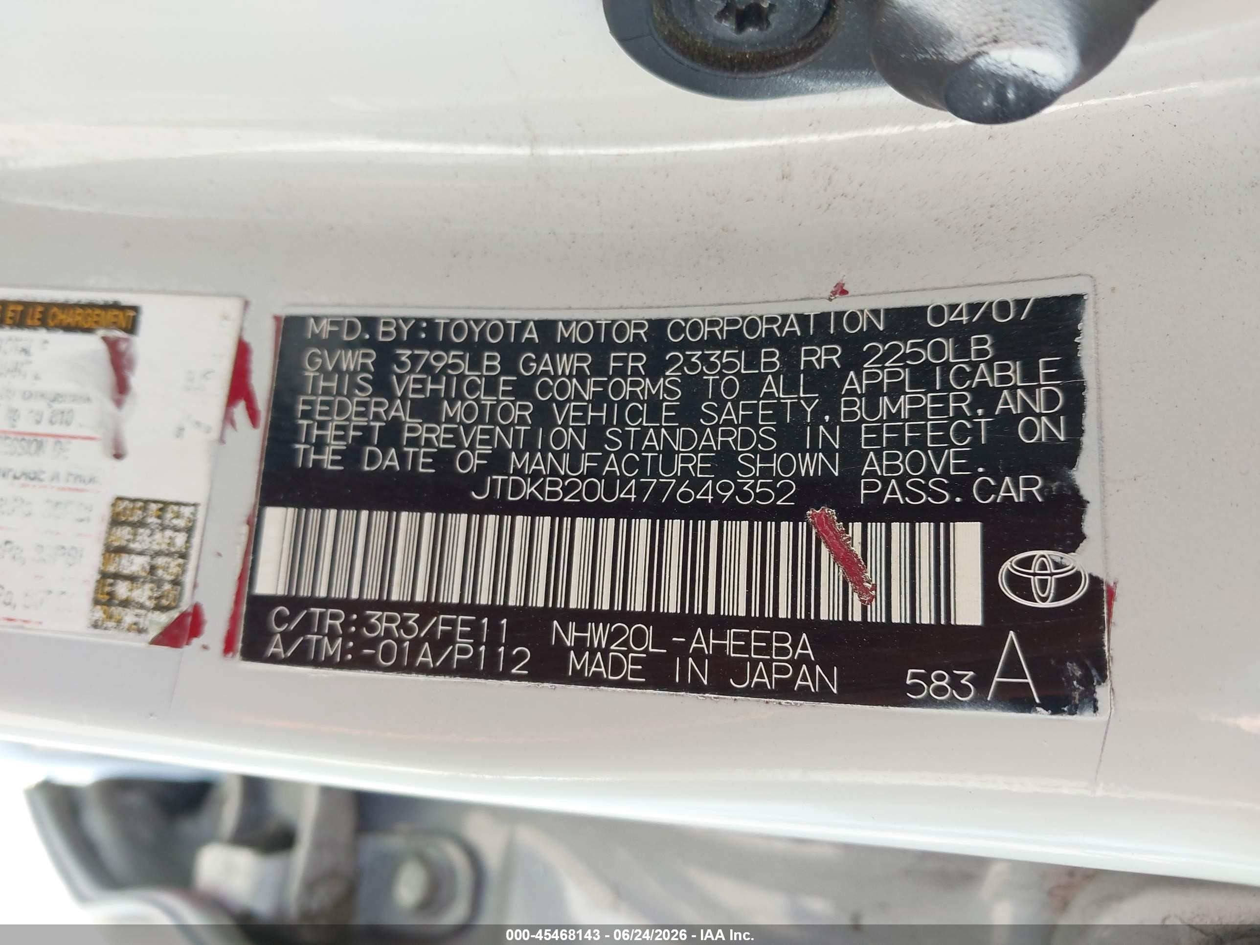2007 Toyota Prius   White vin: JTDKB20U477649352