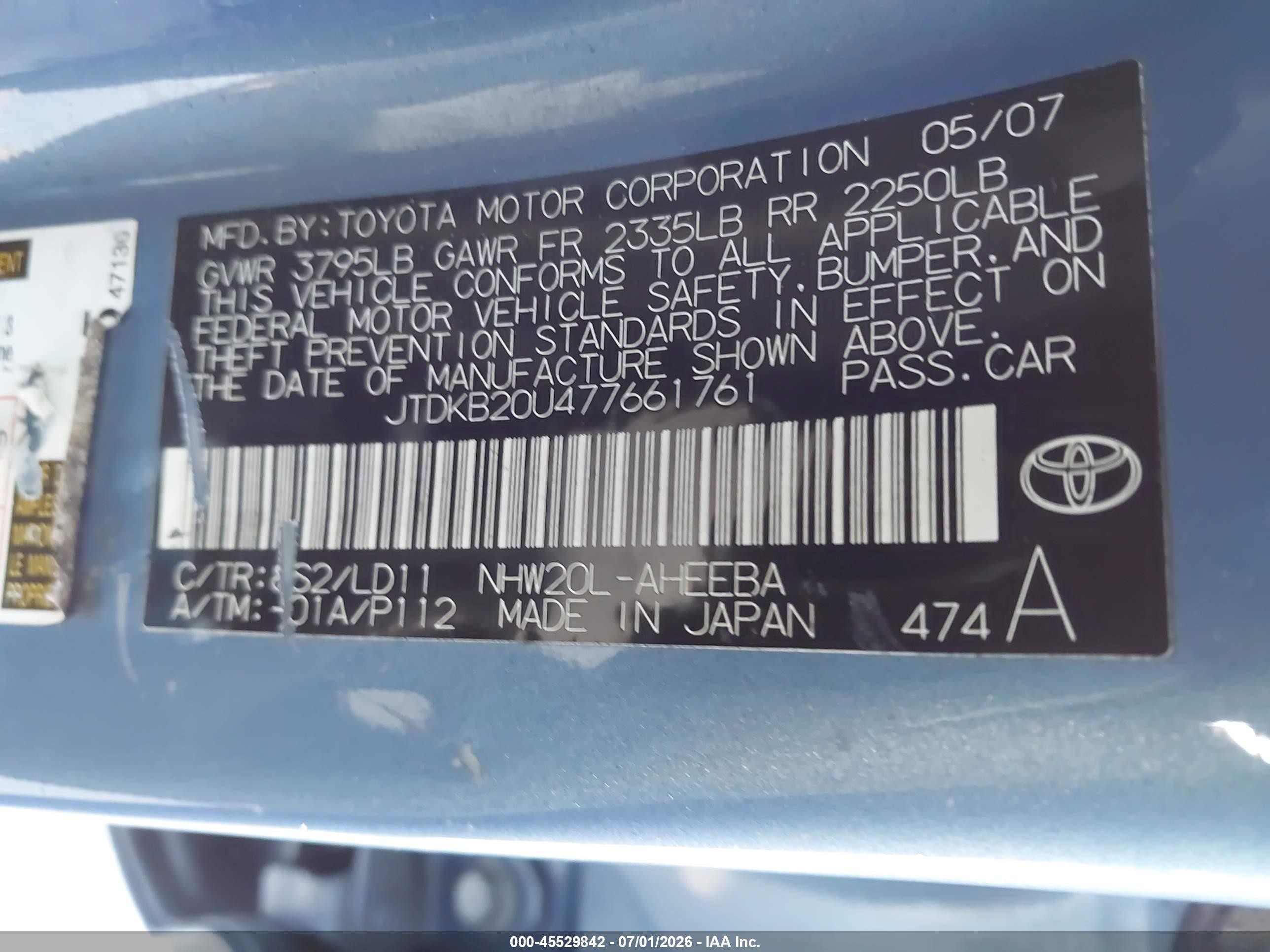 2007 Toyota Prius   Light Blue vin: JTDKB20U477661761