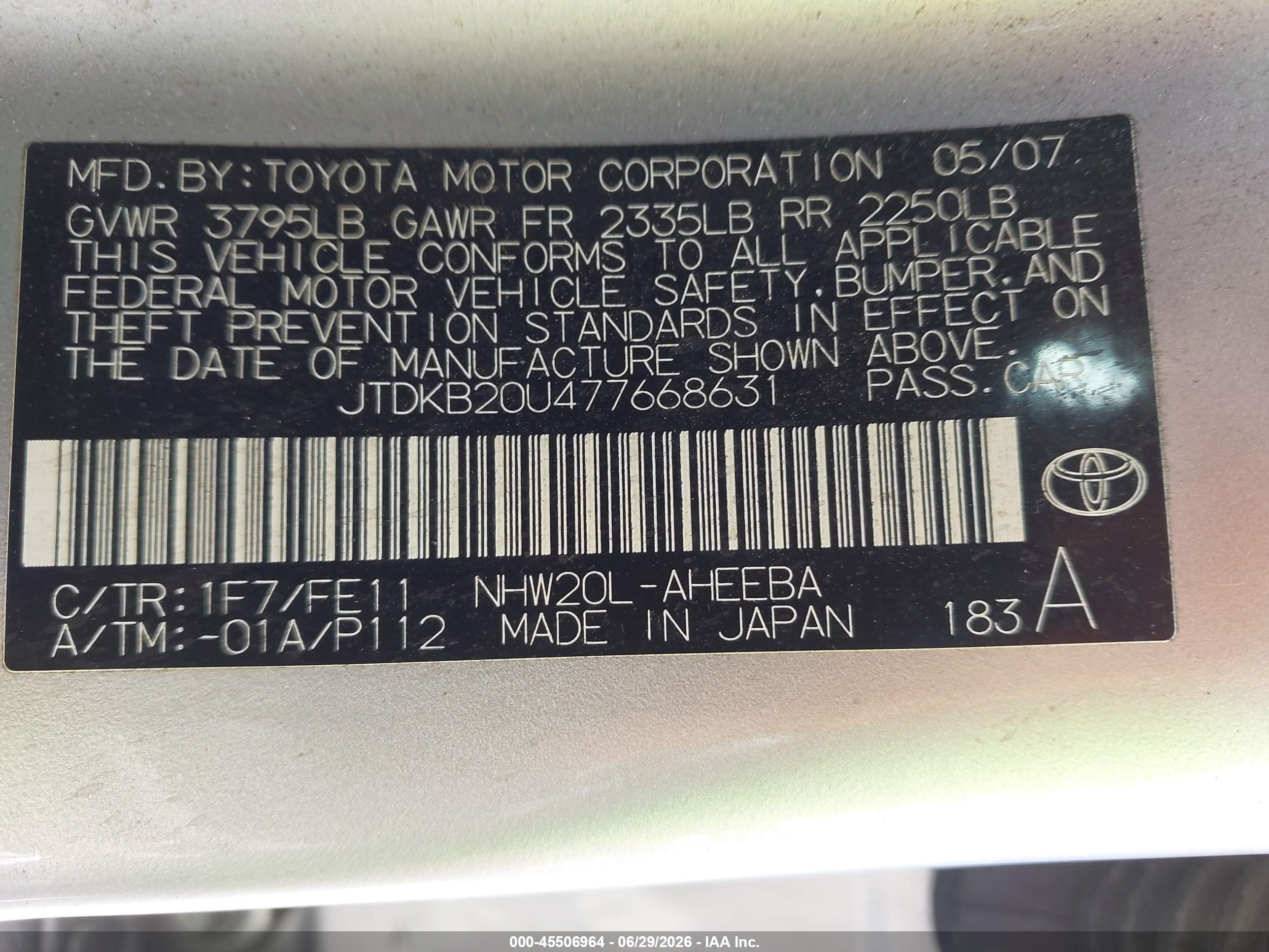 2007 Toyota Prius   Silver vin: JTDKB20U477668631