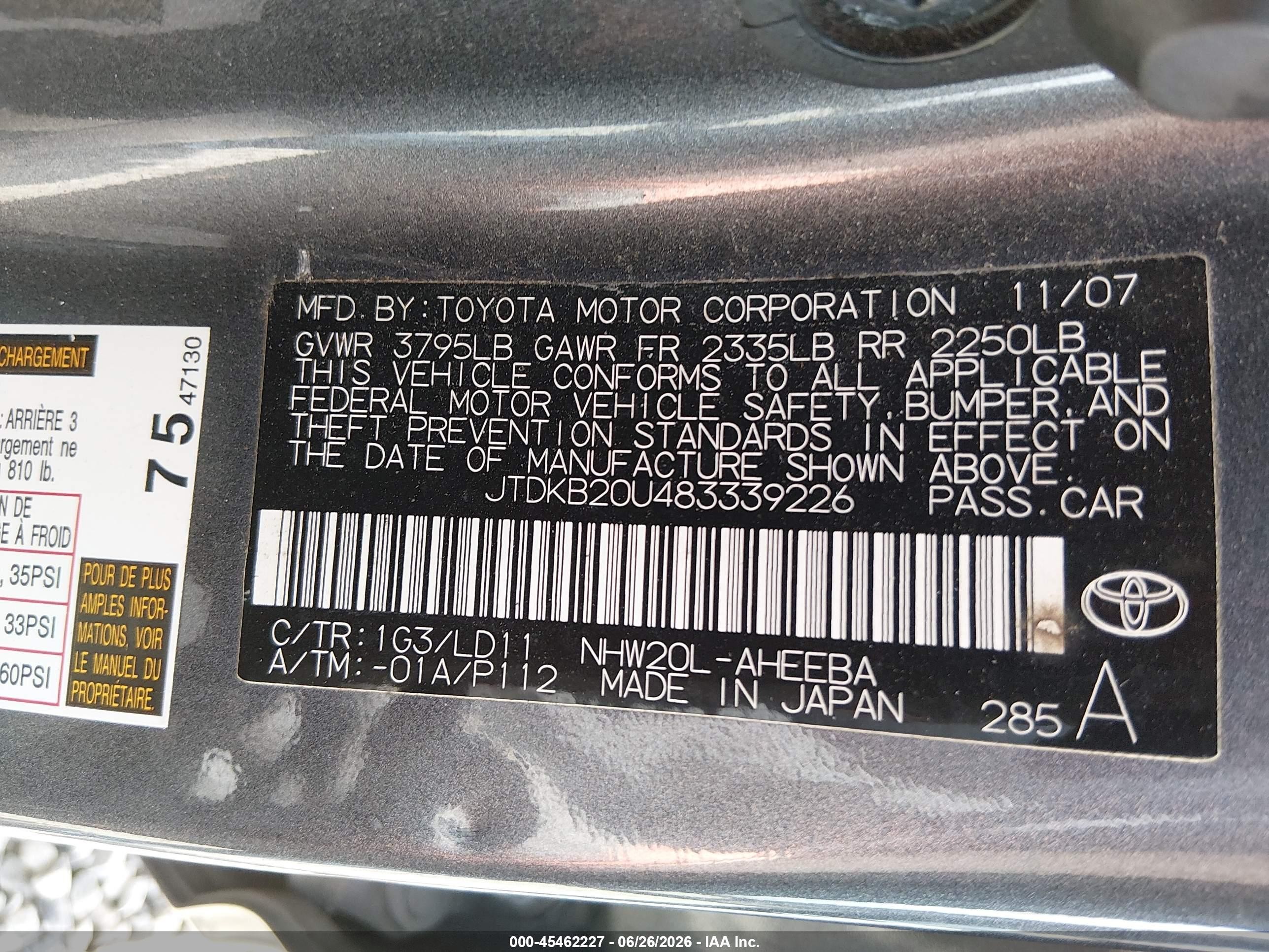 2008 Toyota Prius   Black vin: JTDKB20U483339226