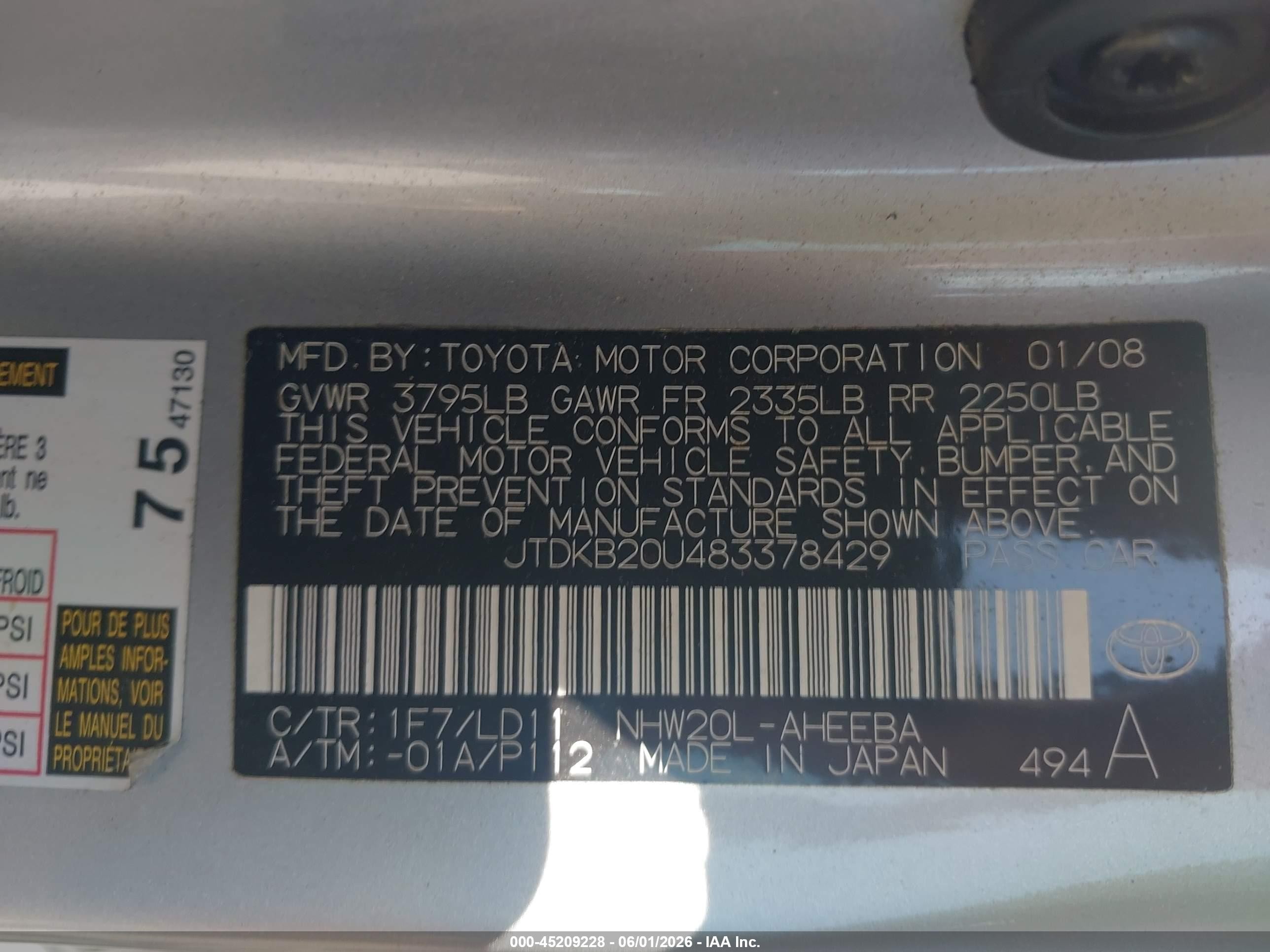 2008 Toyota Prius   Silver vin: JTDKB20U483378429