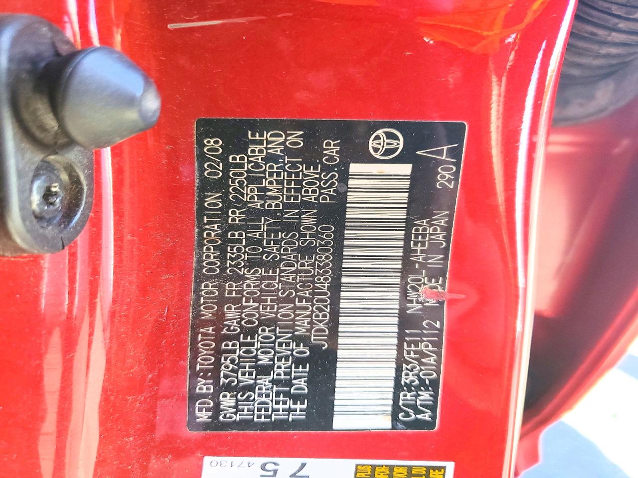 2008 Toyota Prius Base Red vin: JTDKB20U483380360