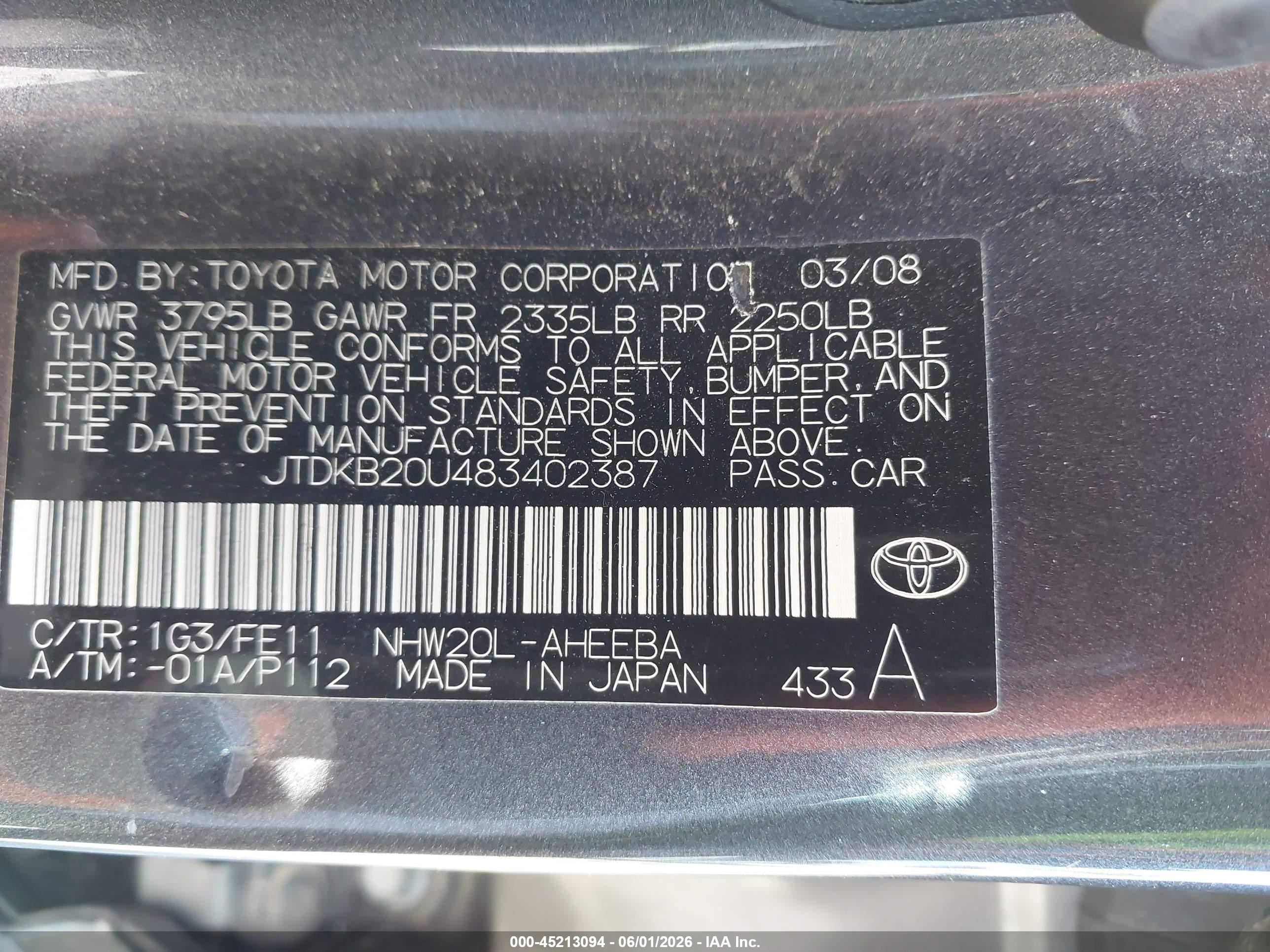 2008 Toyota Prius   Gray vin: JTDKB20U483402387