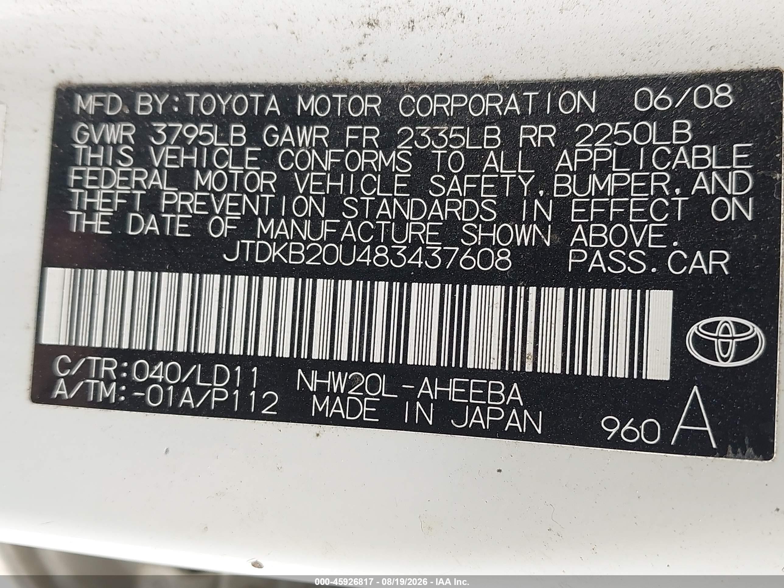 2008 Toyota Prius   White vin: JTDKB20U483437608