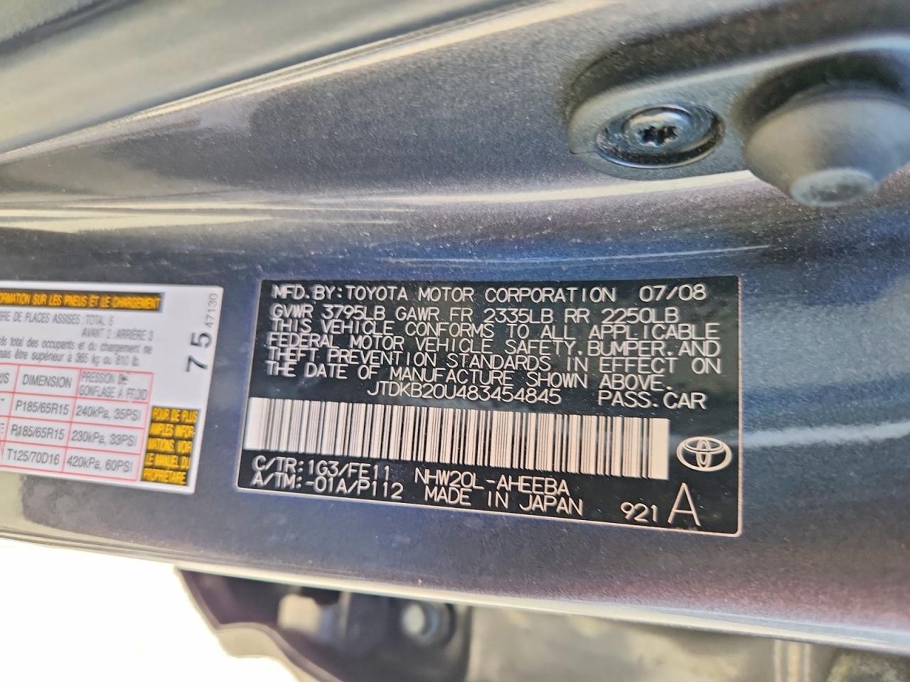 2008 Toyota Prius Base Gray vin: JTDKB20U483454845
