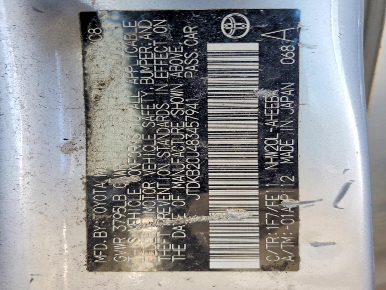 2008 Toyota Prius Base Silver vin: JTDKB20U483457941