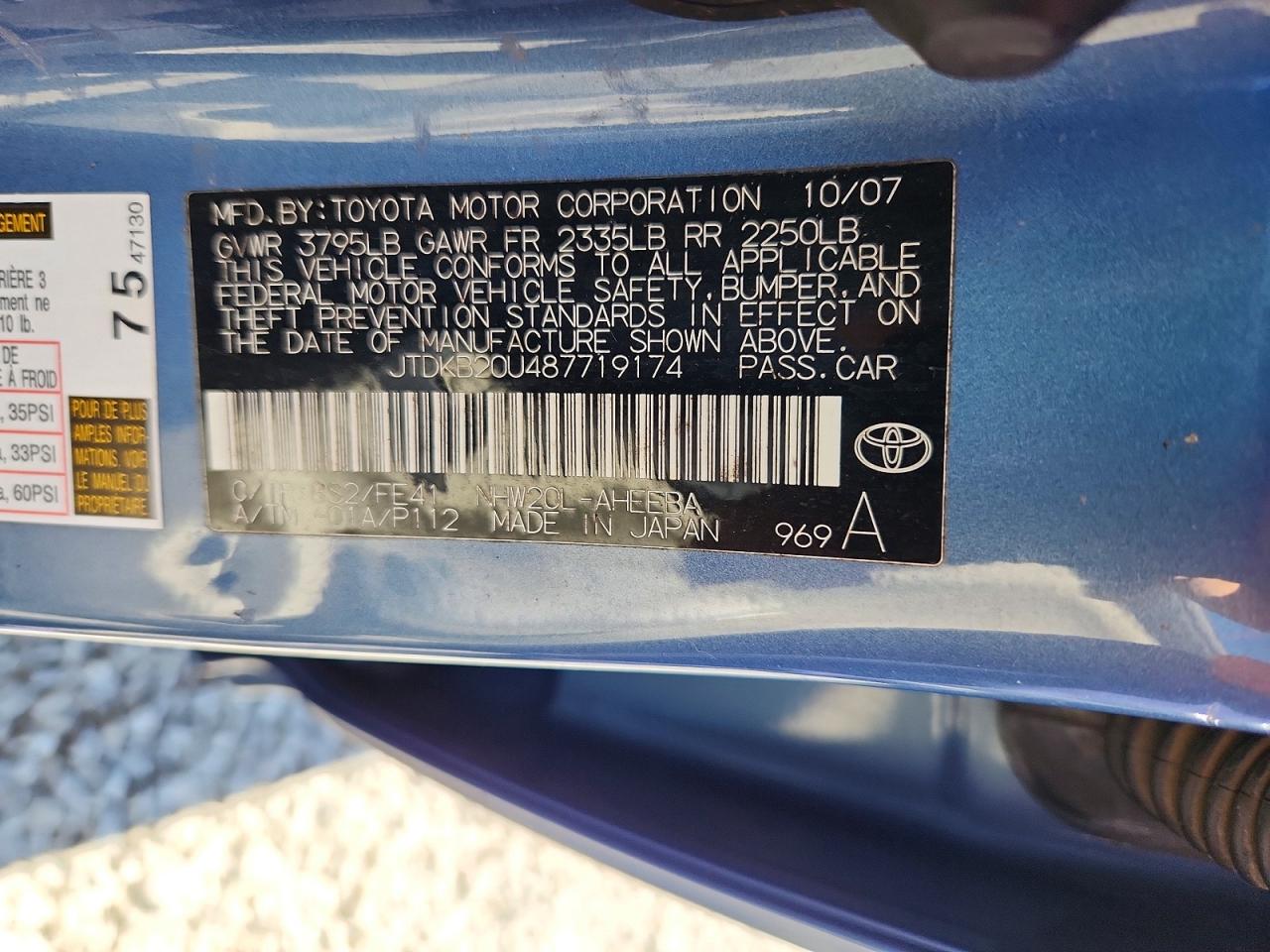 2008 Toyota Prius Base Turquoise vin: JTDKB20U487719174