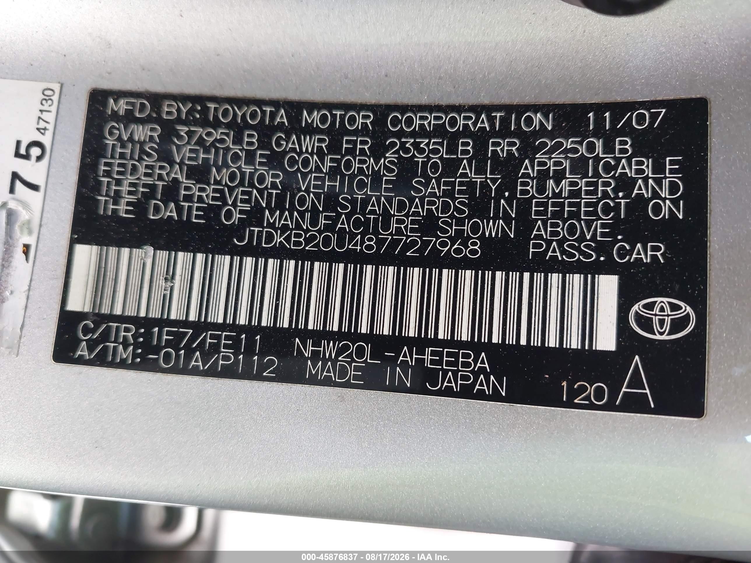 2008 Toyota Prius Silver vin: JTDKB20U487727968