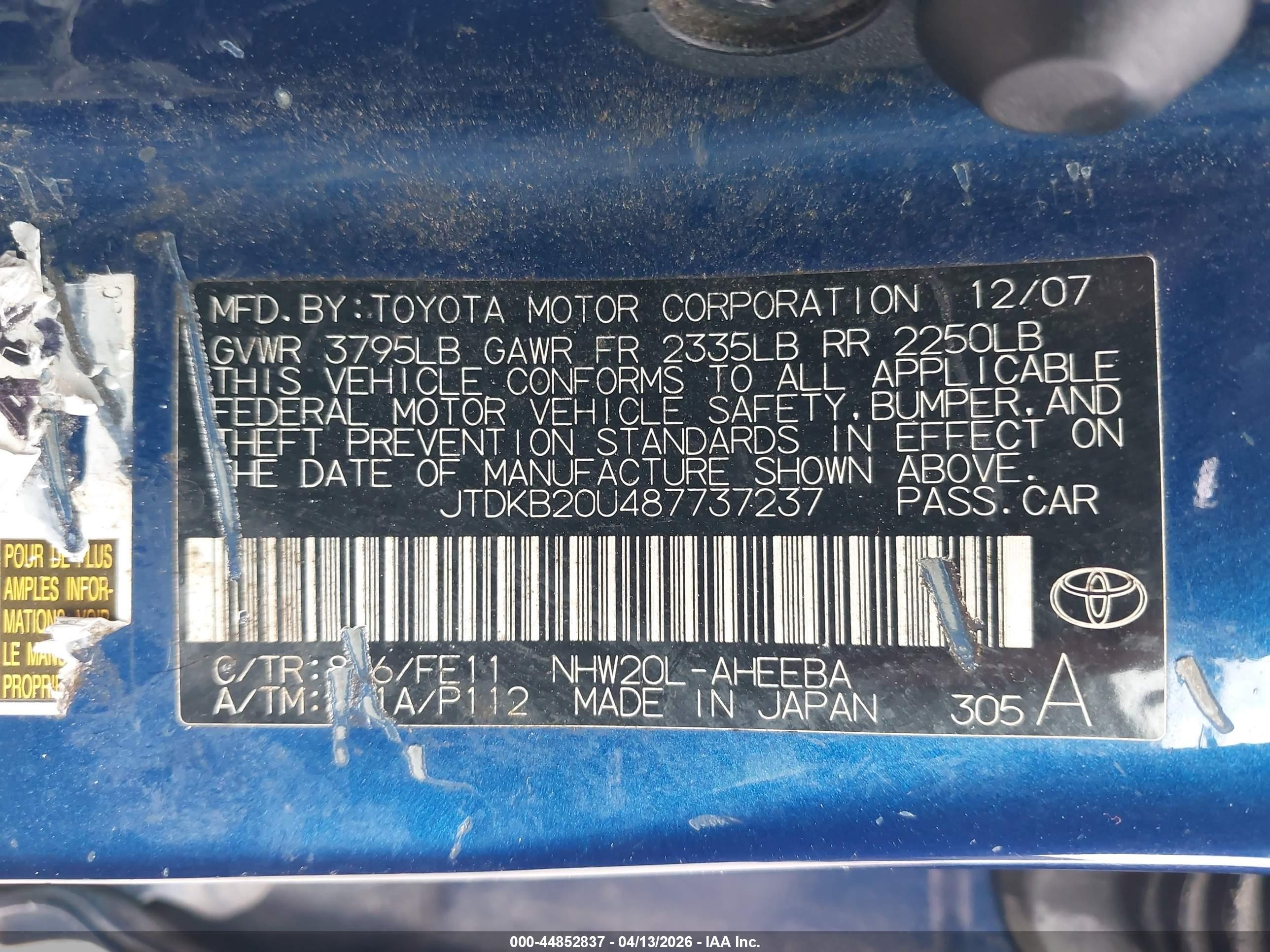 2008 Toyota Prius   Blue vin: JTDKB20U487737237