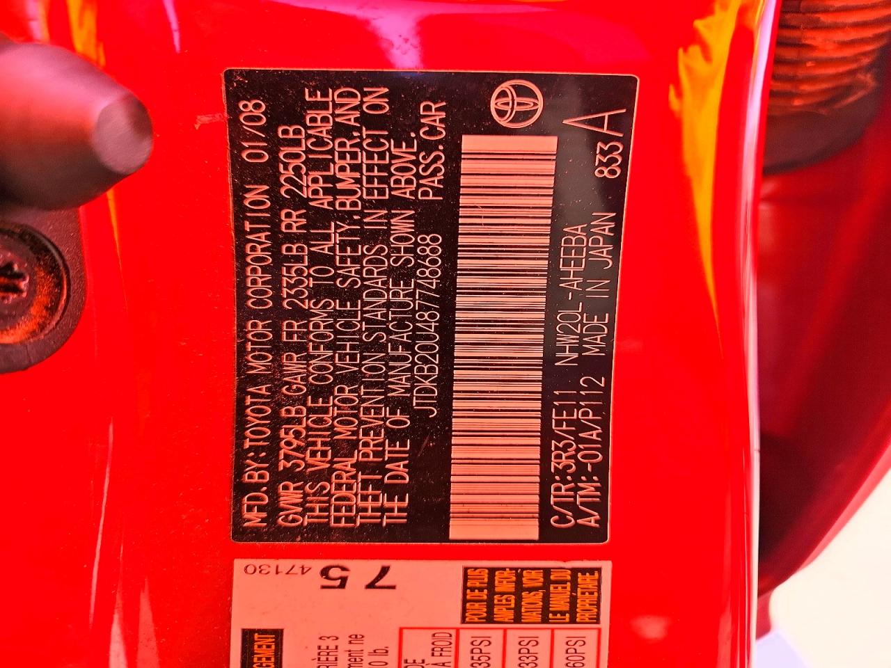 2008 Toyota Prius Base Red vin: JTDKB20U487748688