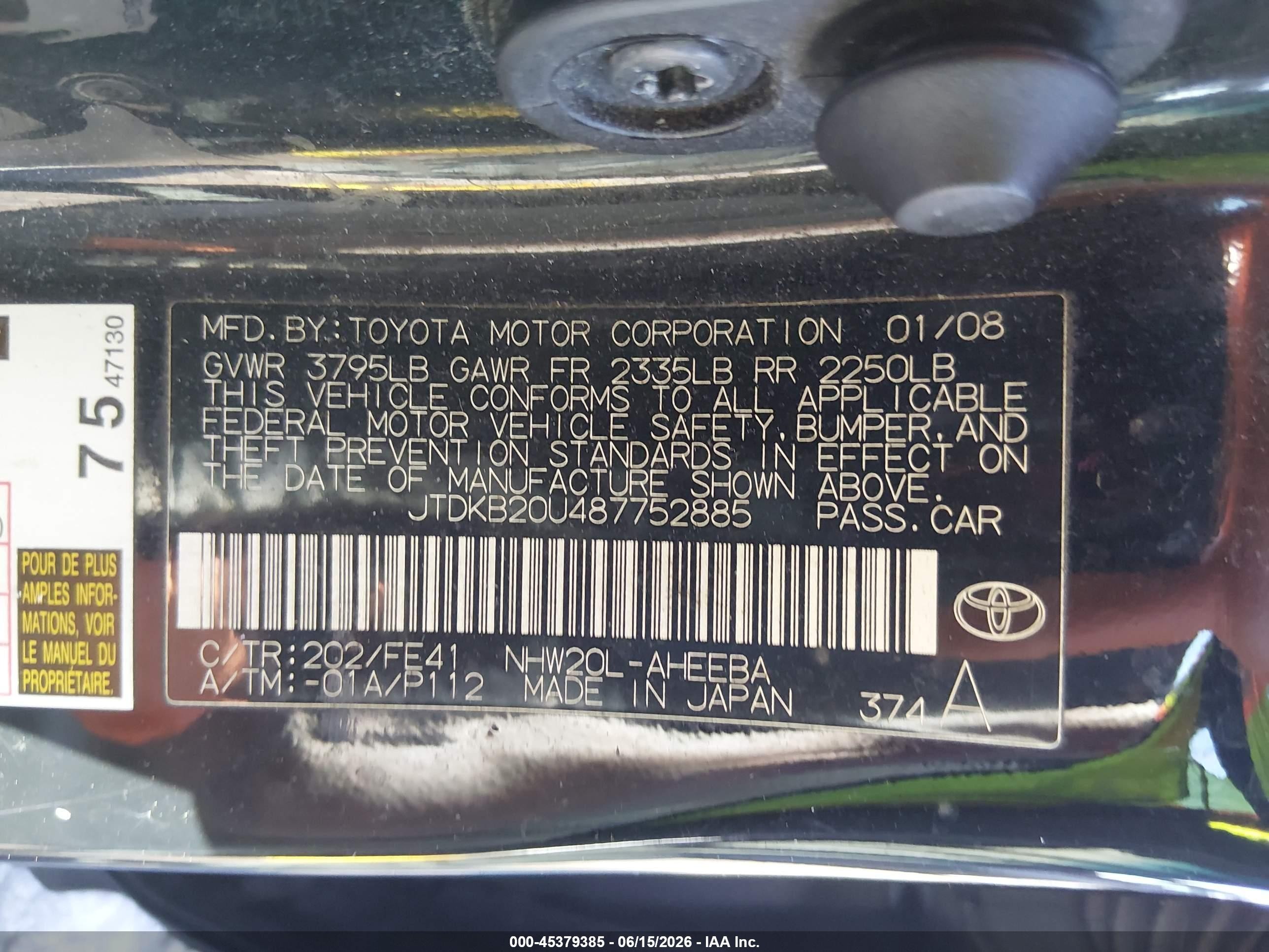 2008 Toyota Prius Black vin: JTDKB20U487752885