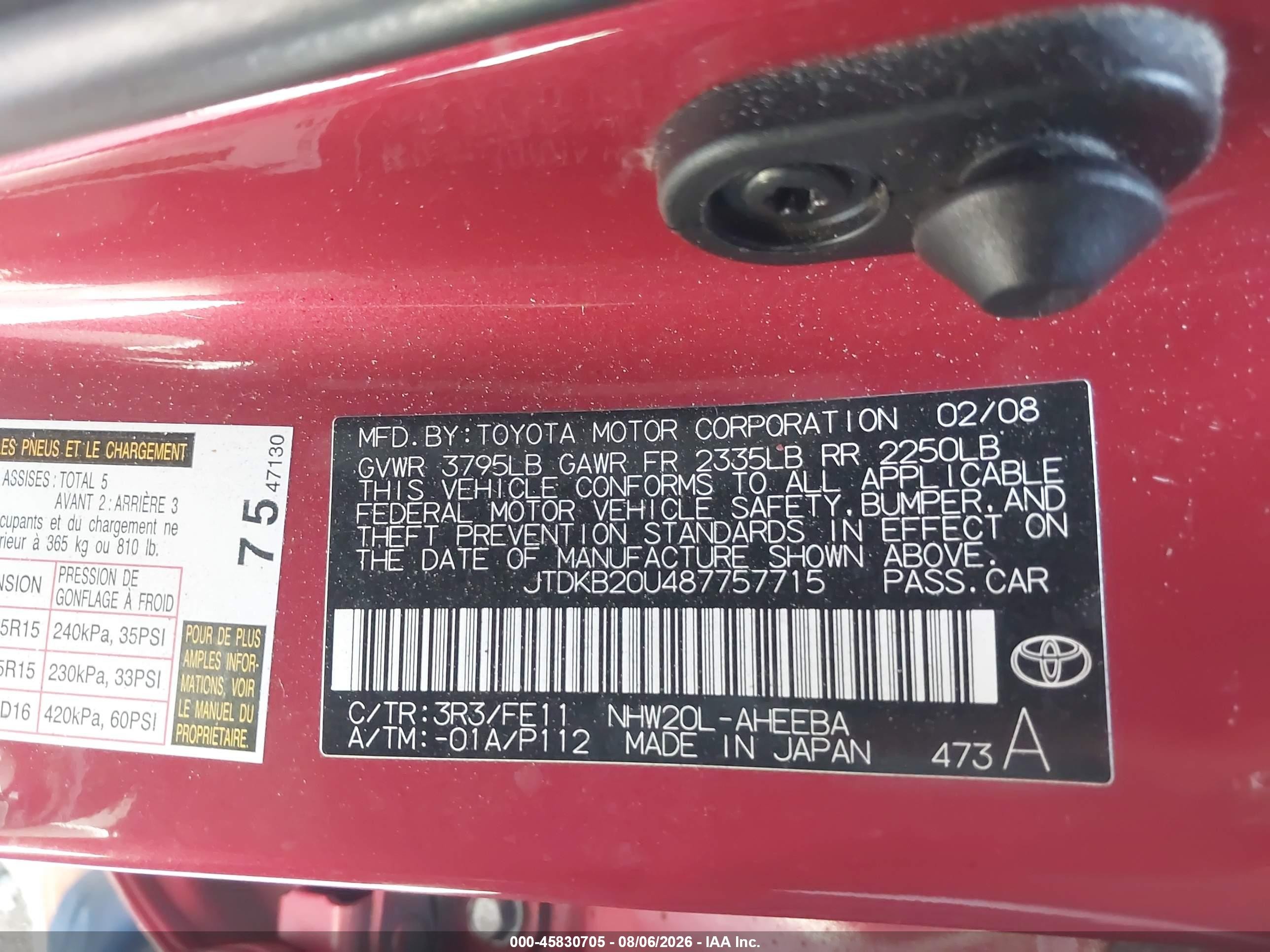 2008 Toyota Prius   Red vin: JTDKB20U487757715