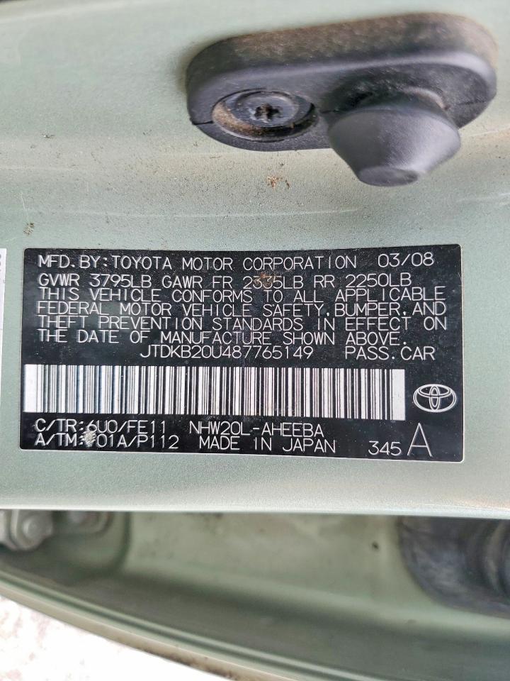 2008 Toyota Prius Base Green vin: JTDKB20U487765149