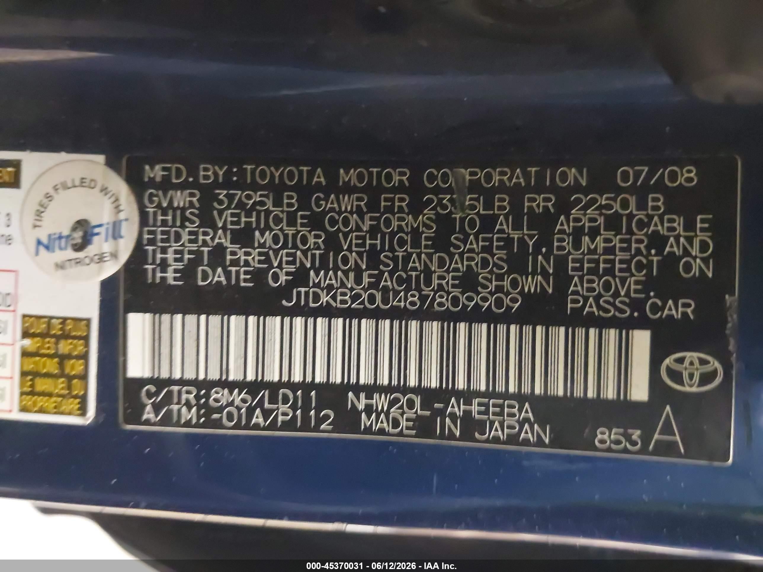 2008 Toyota Prius Touring Blue vin: JTDKB20U487809909