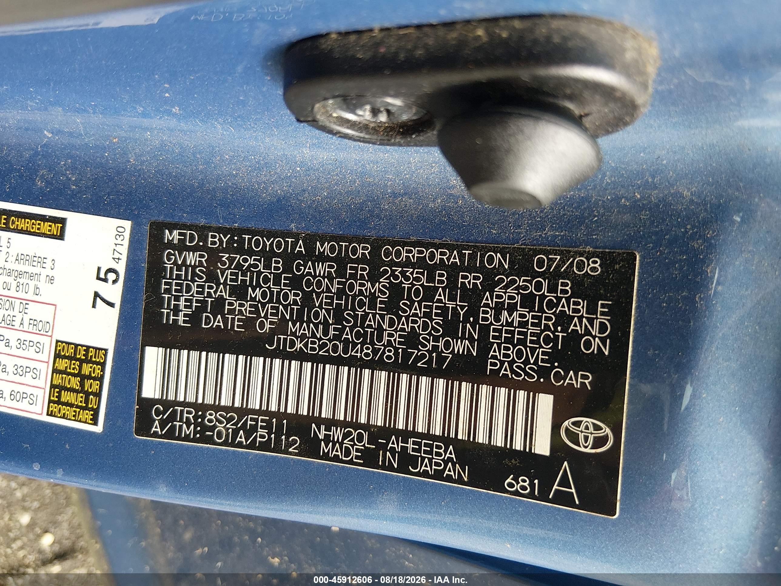 2008 Toyota Prius   Blue vin: JTDKB20U487817217