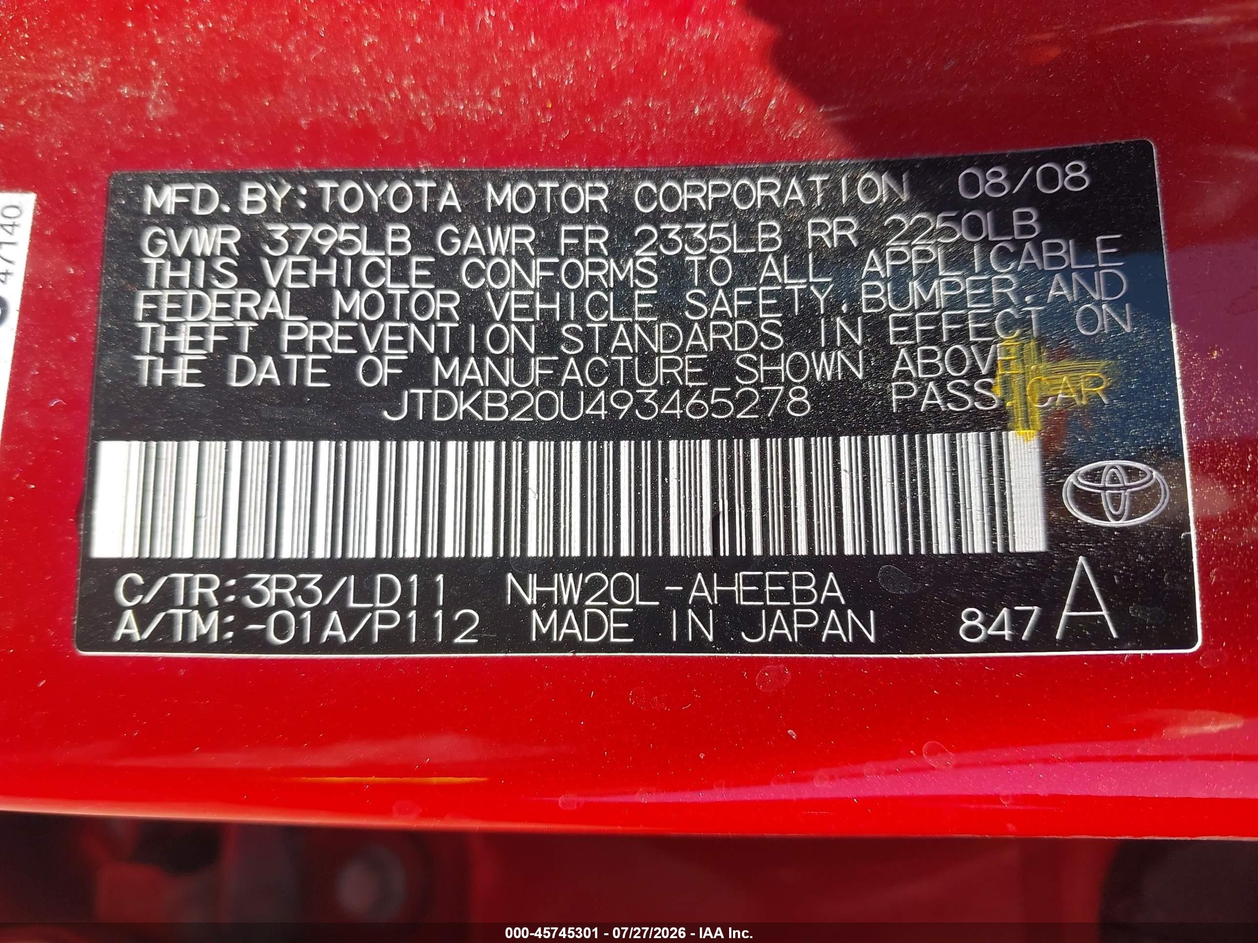 2009 Toyota Prius Touring Red vin: JTDKB20U493465278