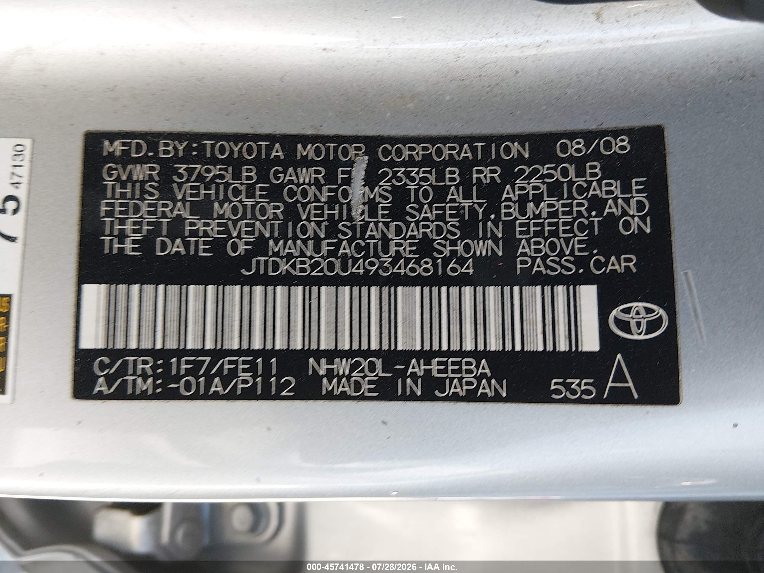 2009 Toyota Prius   Gray vin: JTDKB20U493468164