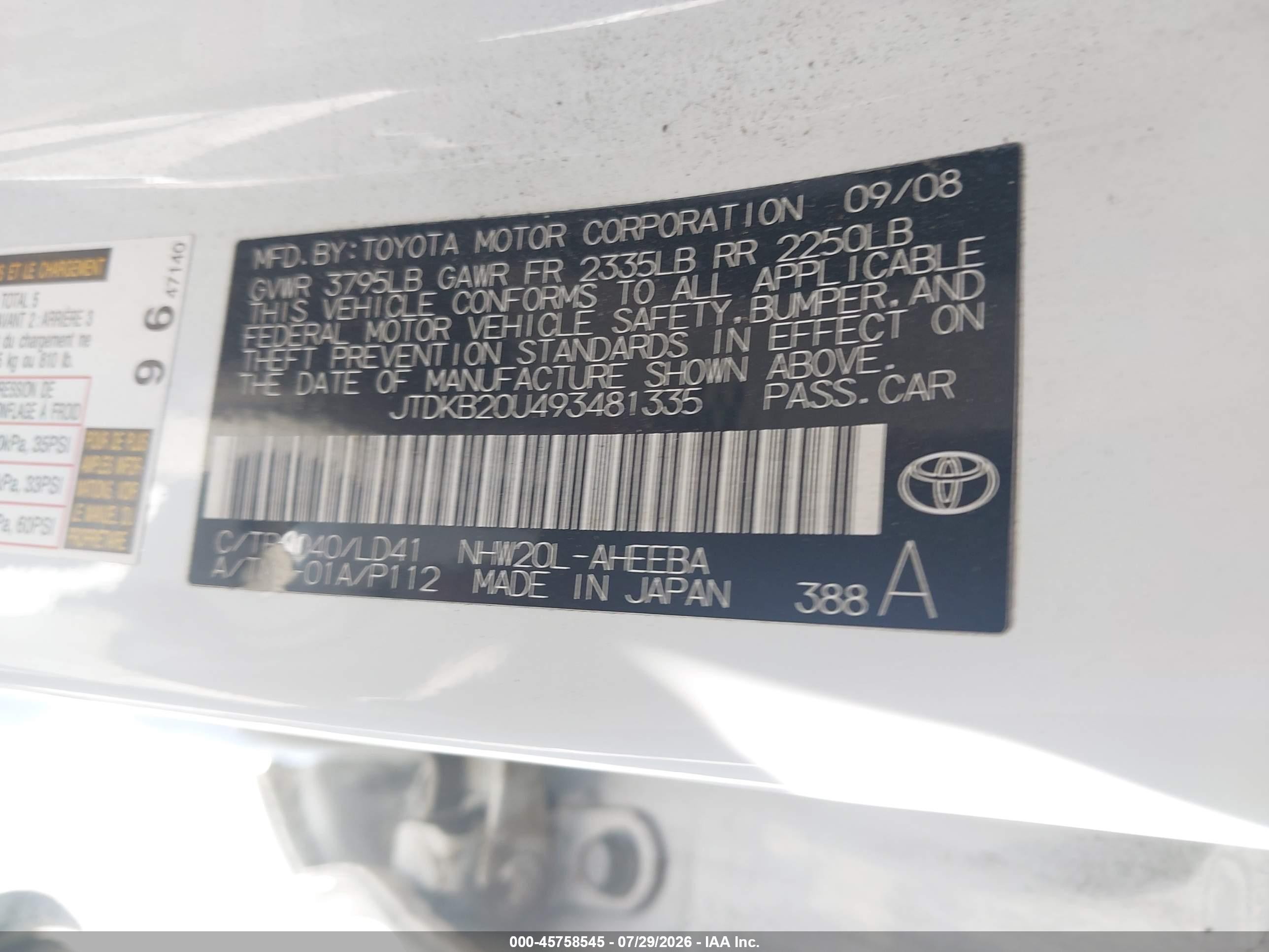 2009 Toyota Prius Touring White vin: JTDKB20U493481335