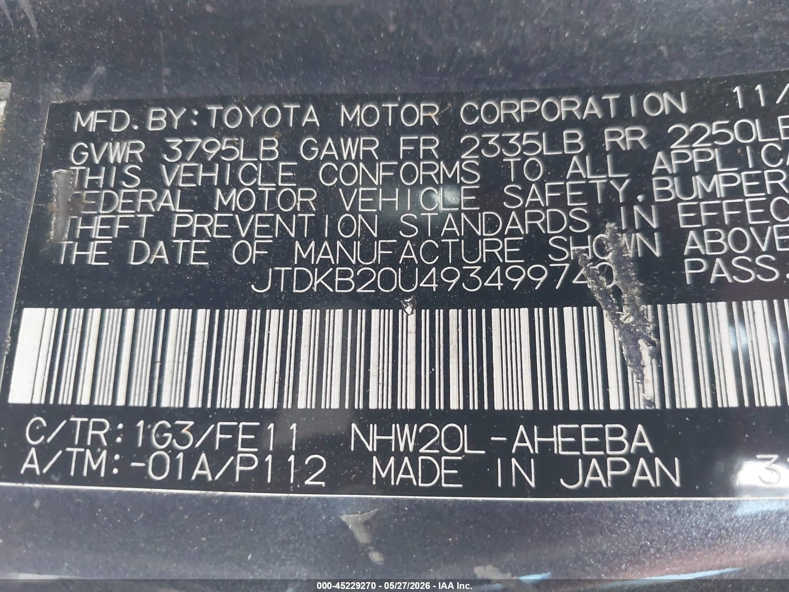 2009 Toyota Prius   Gray vin: JTDKB20U493499740