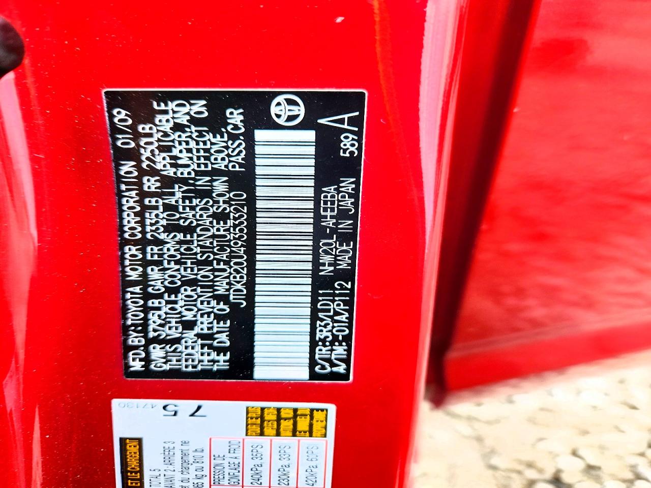 2009 Toyota Prius Base Red vin: JTDKB20U493533210