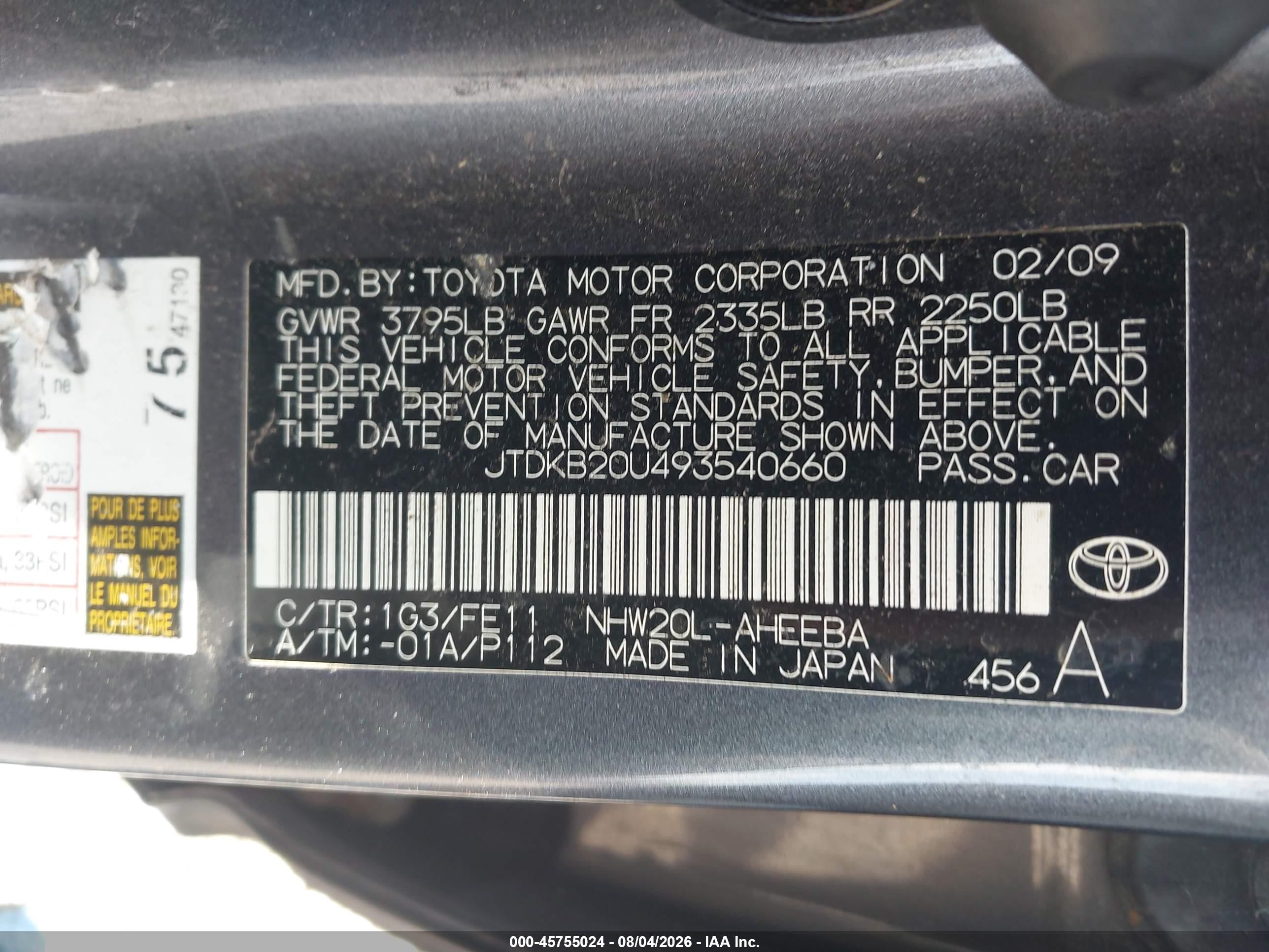 2009 Toyota Prius   Gray vin: JTDKB20U493540660