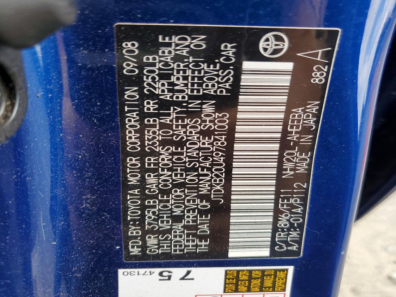 2009 Toyota Prius Base Blue vin: JTDKB20U497841003