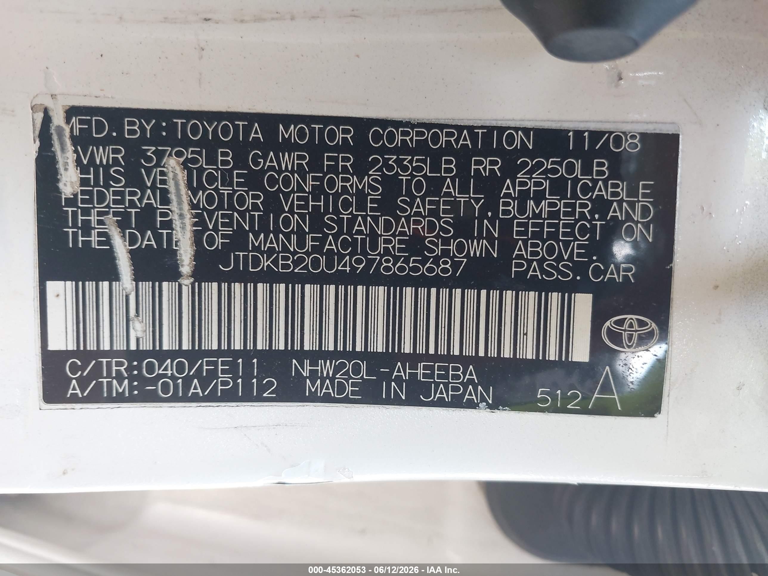 2009 Toyota Prius   White vin: JTDKB20U497865687