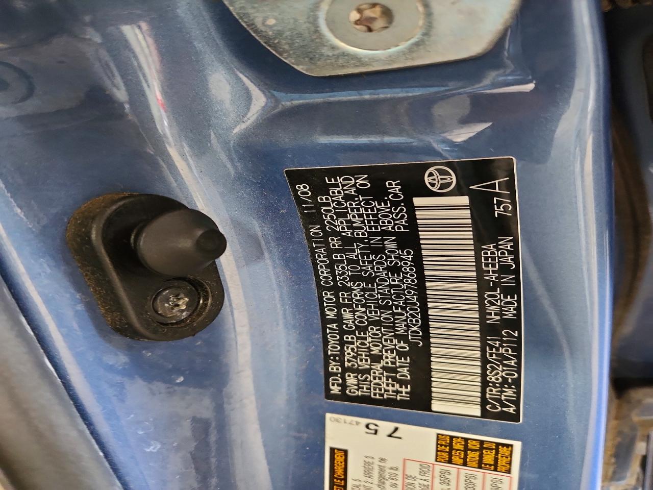 2009 Toyota Prius Base Blue vin: JTDKB20U497868945