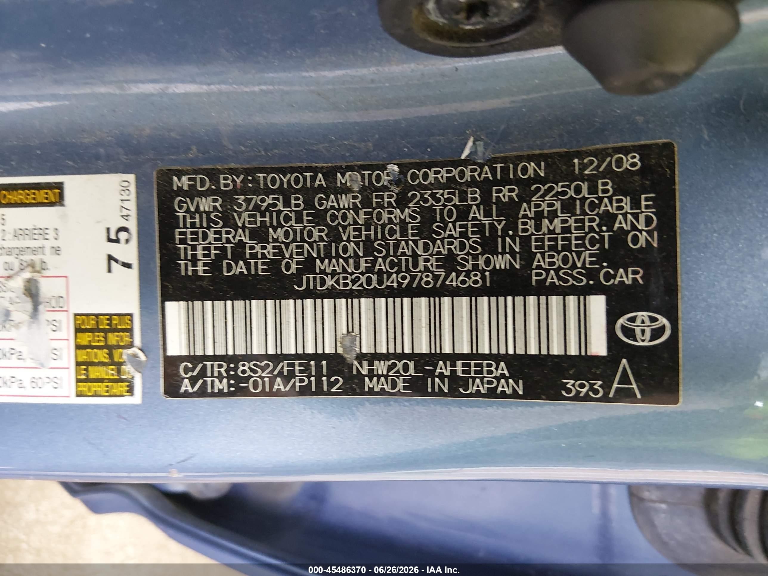 2009 Toyota Prius   Blue vin: JTDKB20U497874681