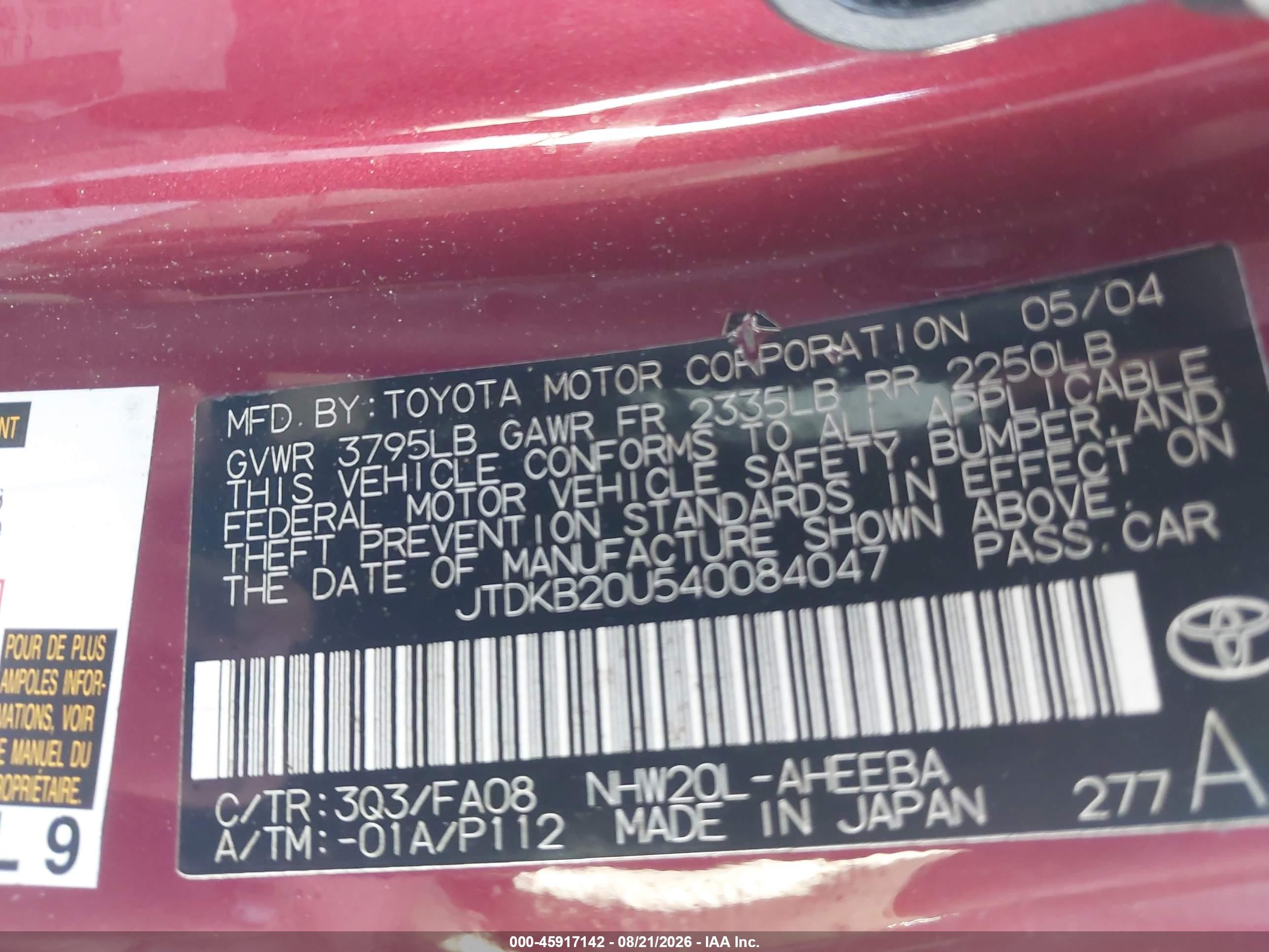 2004 Toyota Prius   Red vin: JTDKB20U540084047