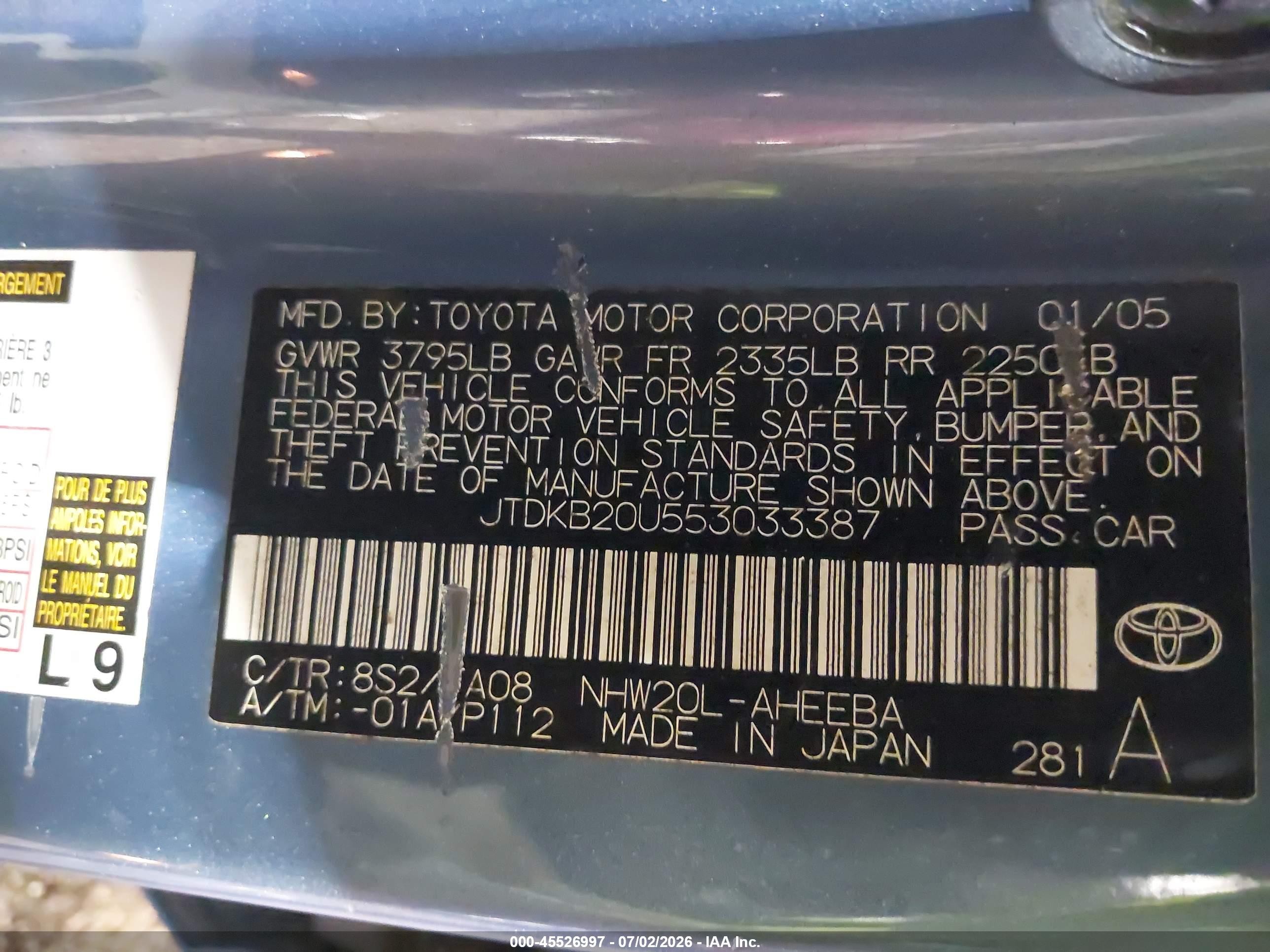 2005 Toyota Prius   Light Blue vin: JTDKB20U553033387