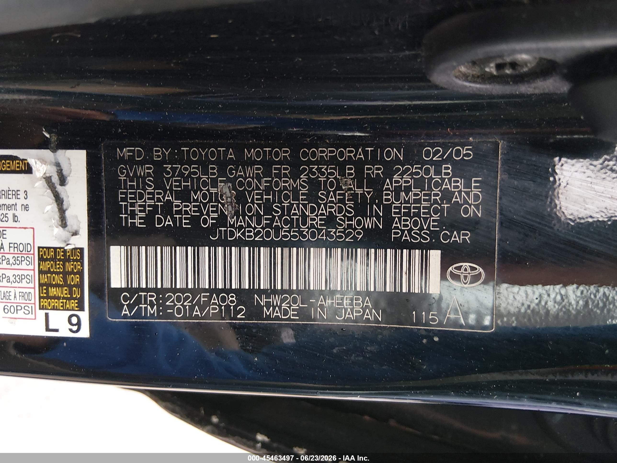 2005 Toyota Prius   Black vin: JTDKB20U553043529