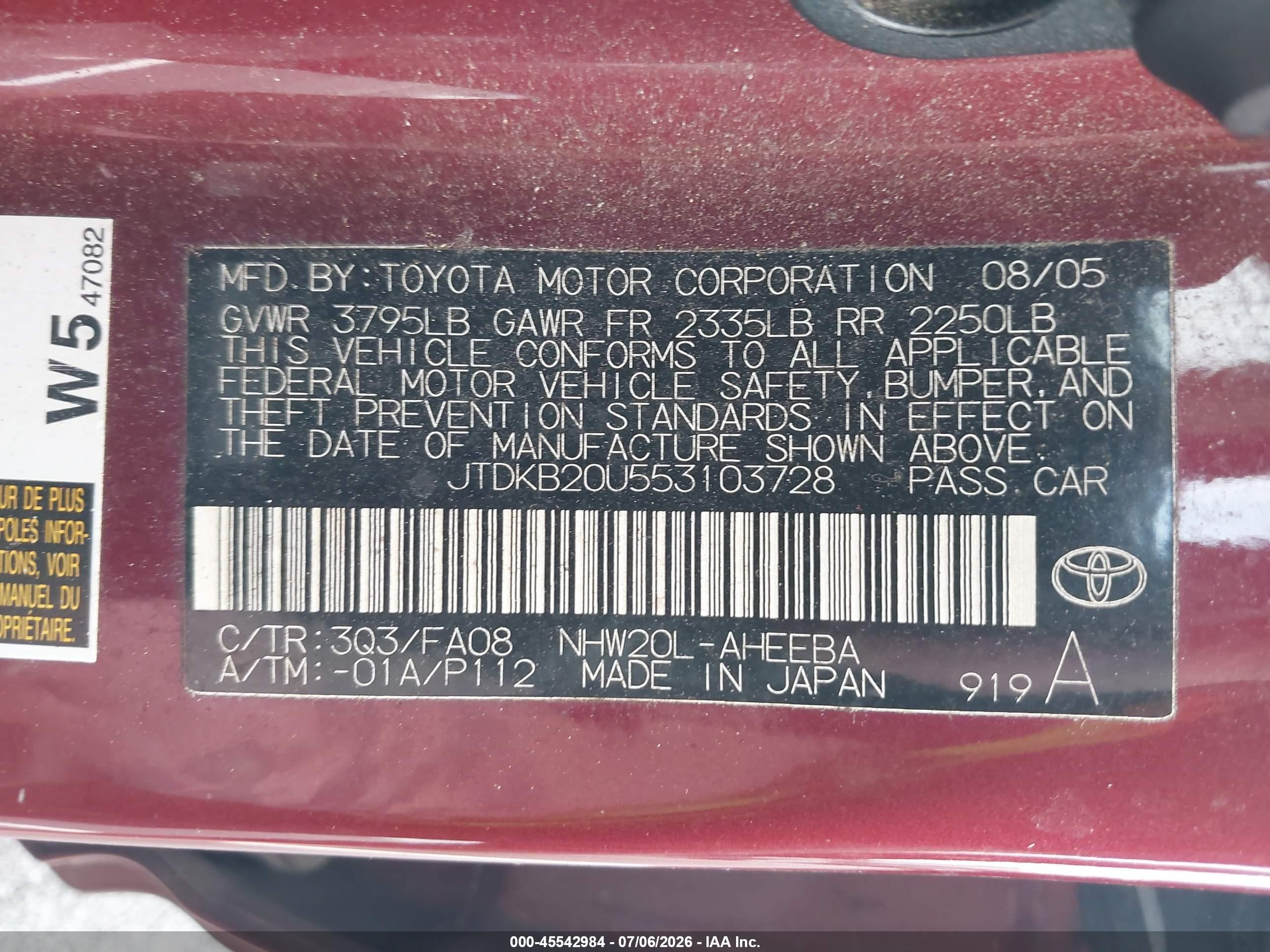 2005 Toyota Prius   Red vin: JTDKB20U553103728