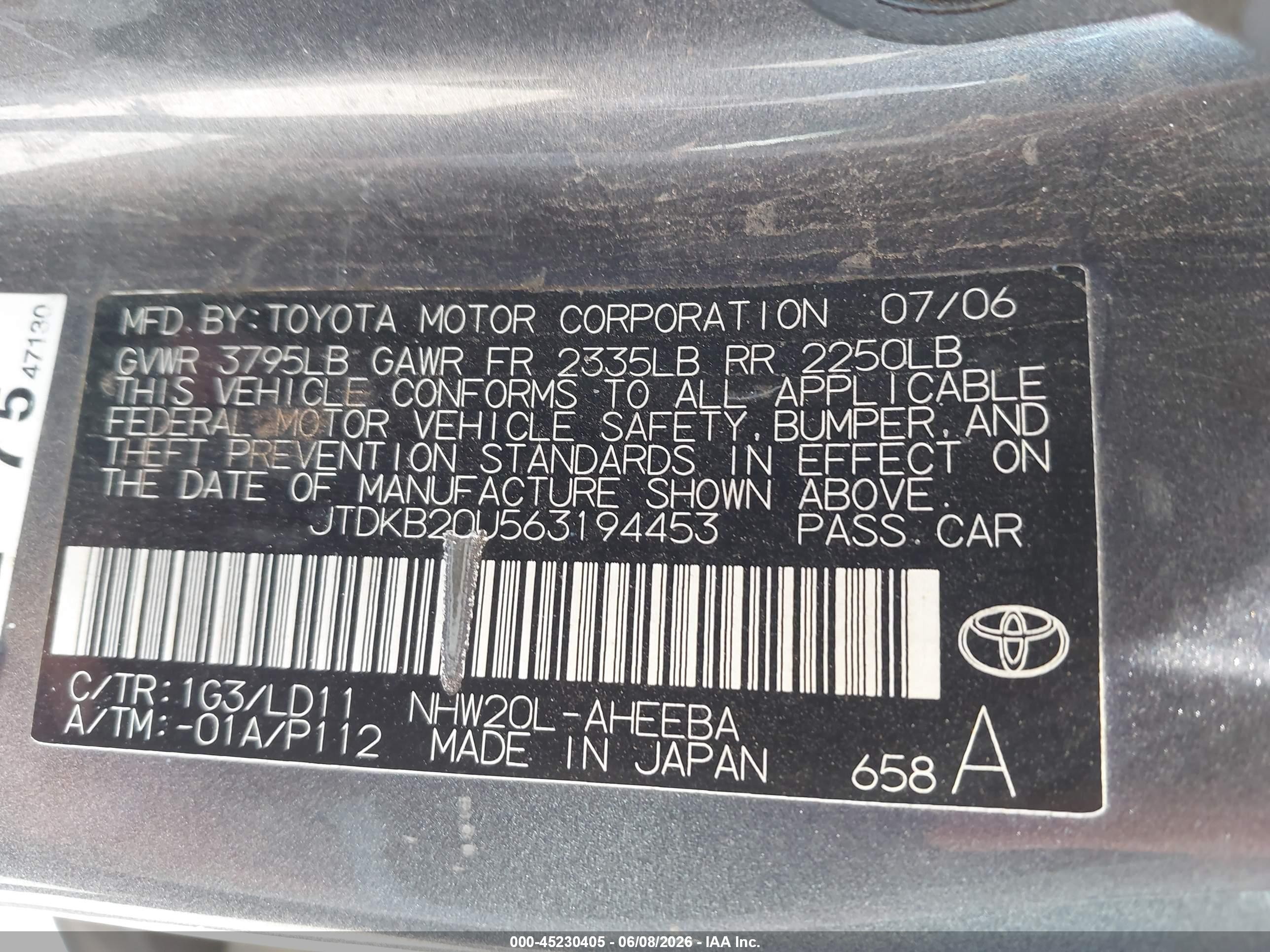 2006 Toyota Prius   Gray vin: JTDKB20U563194453