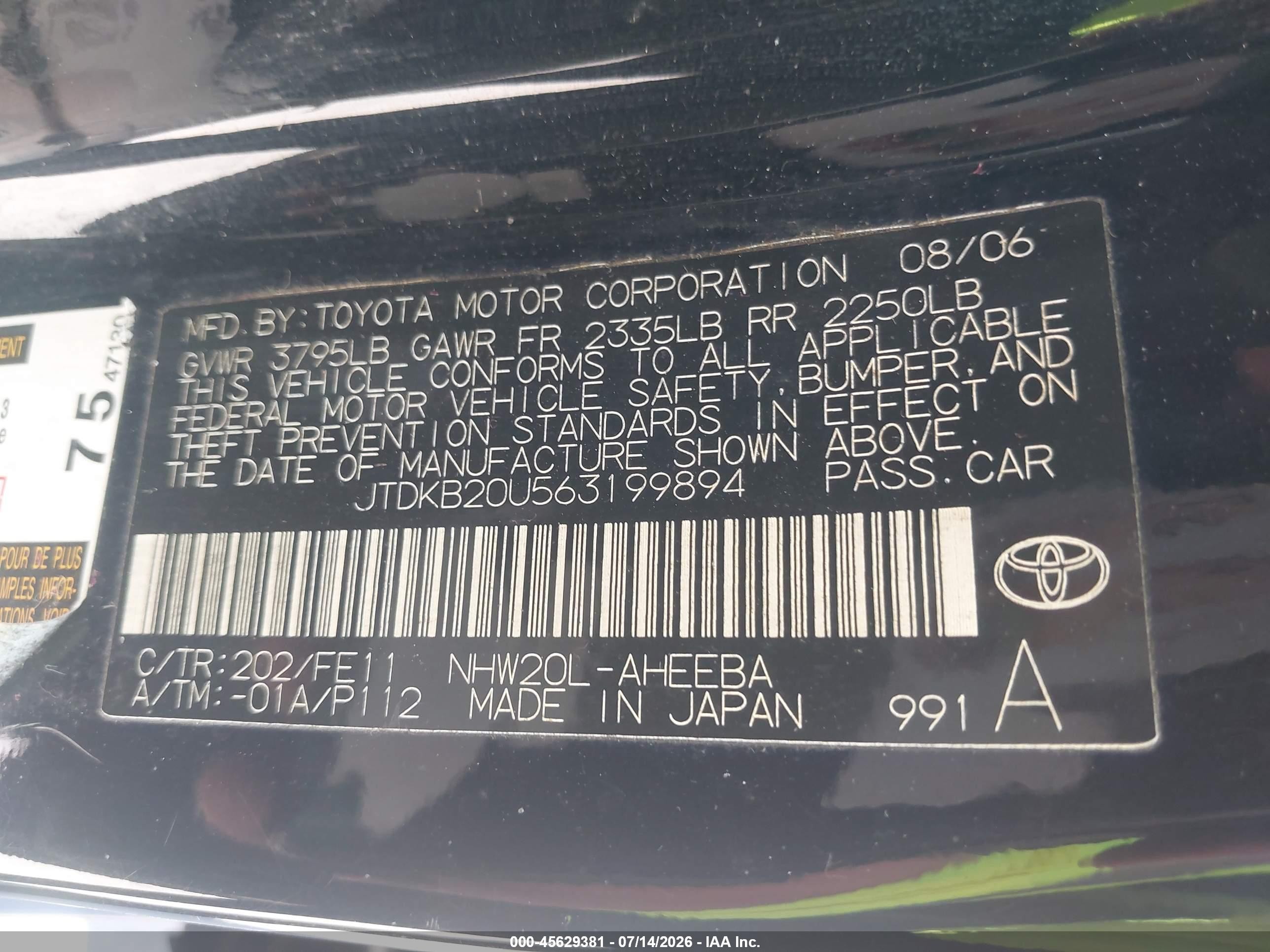 2006 Toyota Prius   Black vin: JTDKB20U563199894