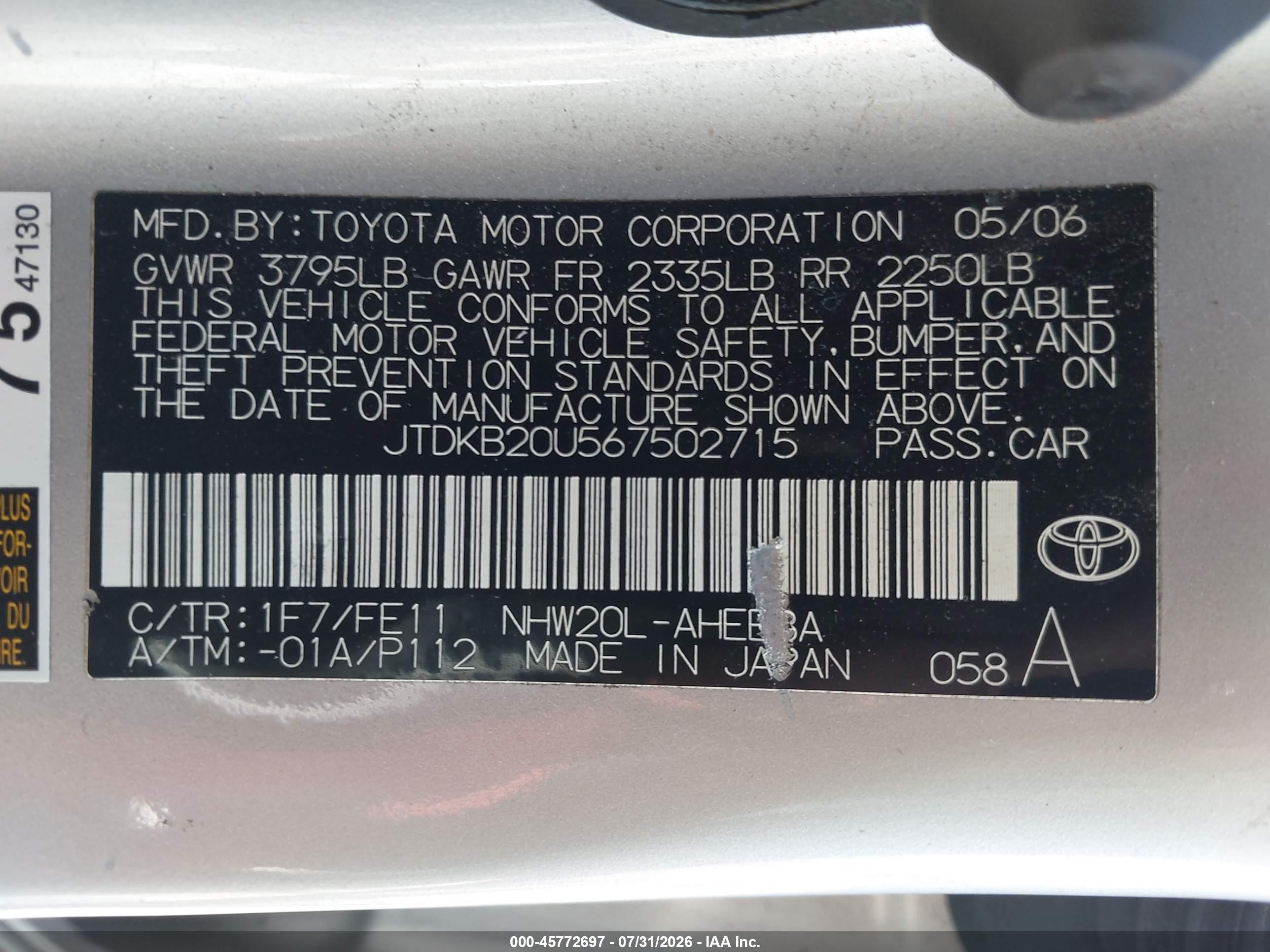 2006 Toyota Prius   Silver vin: JTDKB20U567502715