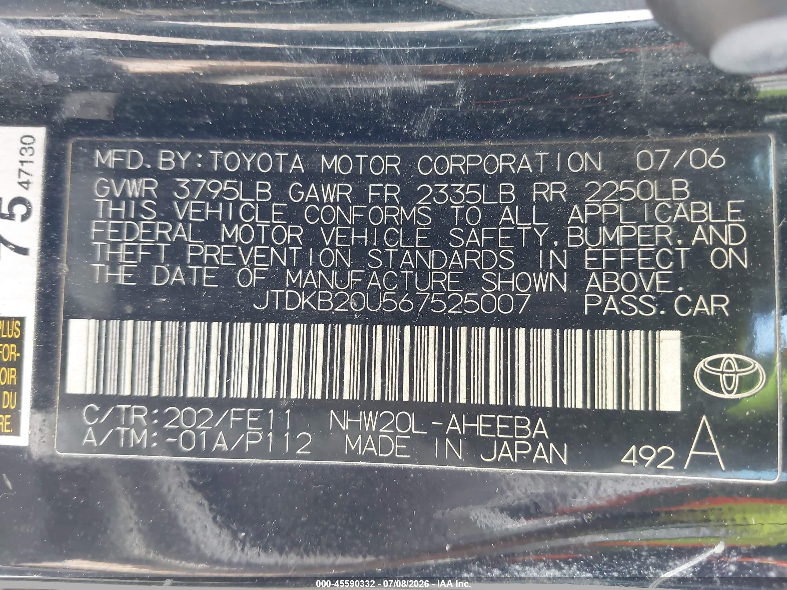 2006 Toyota Prius   Black vin: JTDKB20U567525007