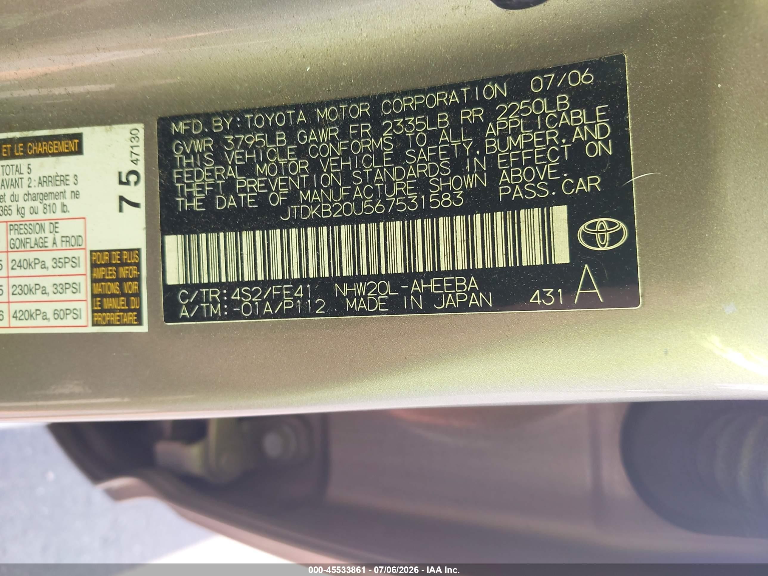 2006 Toyota Prius   Champagne vin: JTDKB20U567531583