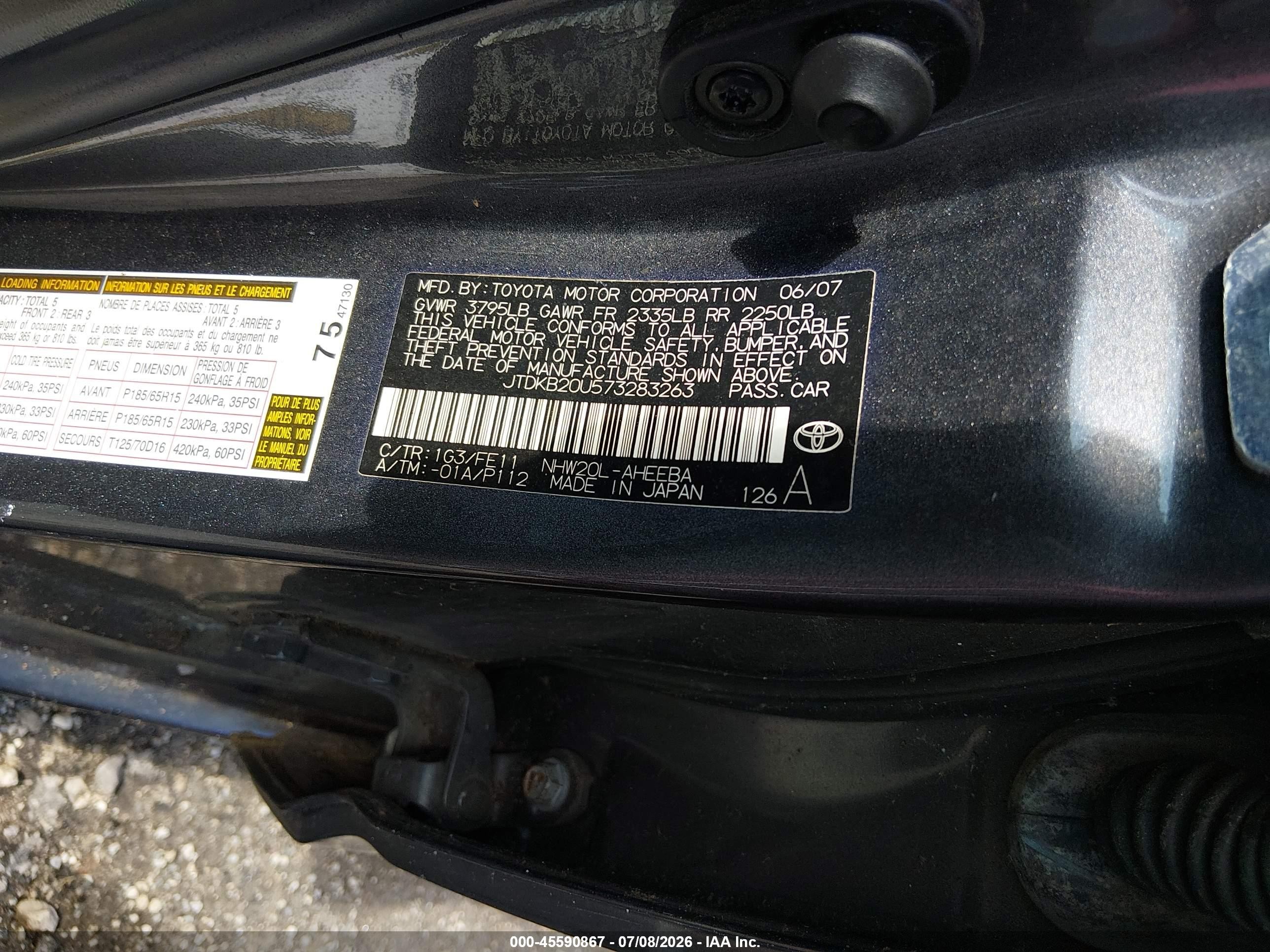 2007 Toyota Prius   Gray vin: JTDKB20U573283263