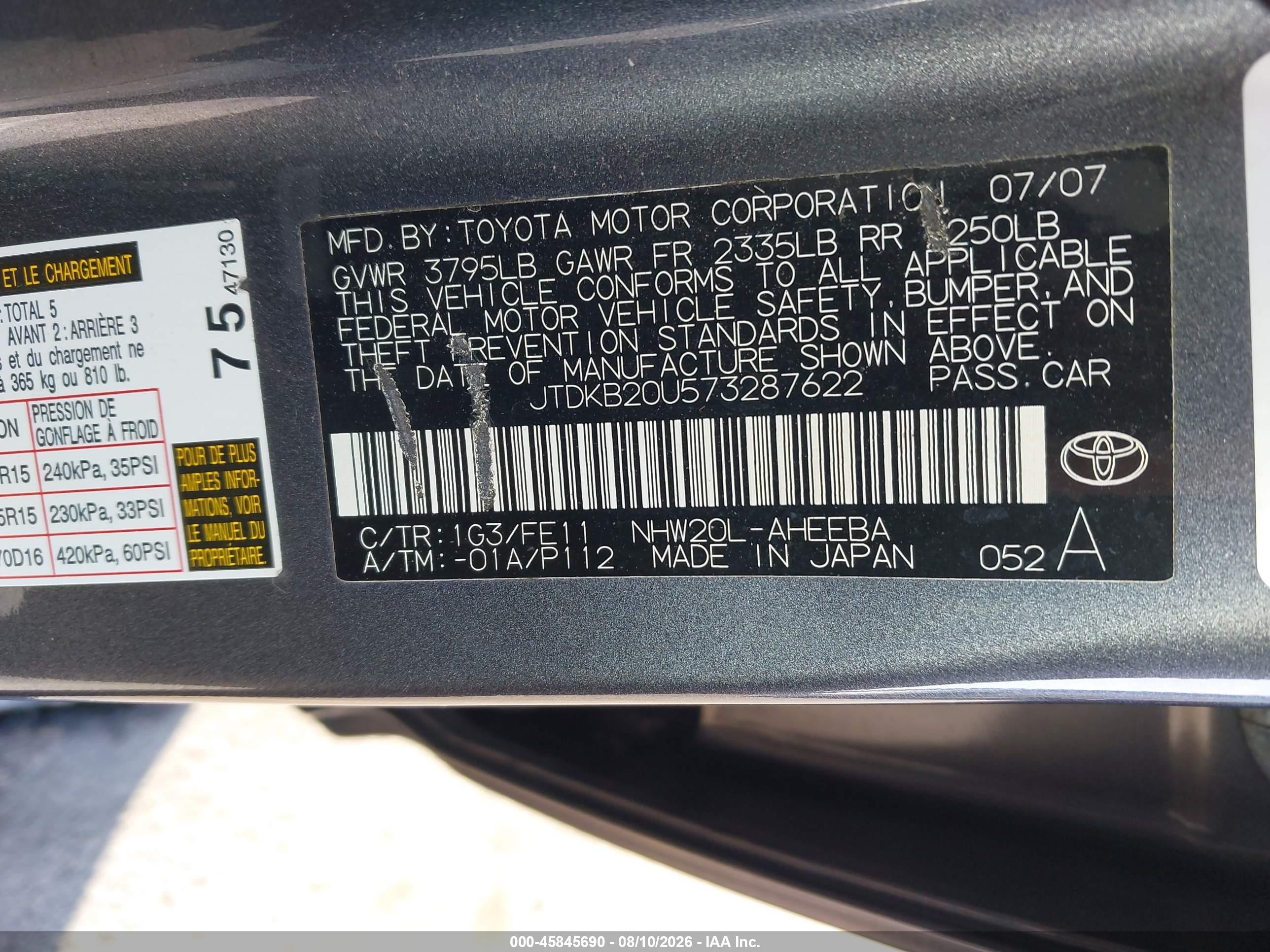 2007 Toyota Prius   Gray vin: JTDKB20U573287622