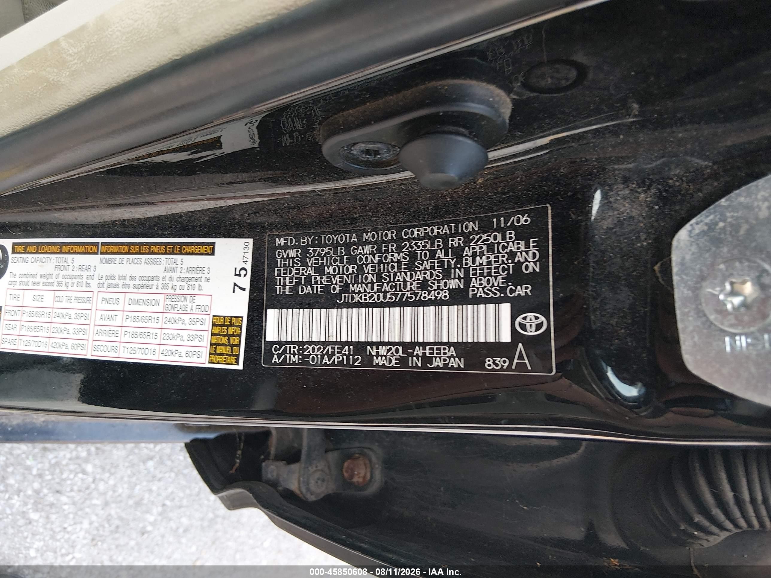 2007 Toyota Prius   Black vin: JTDKB20U577578498